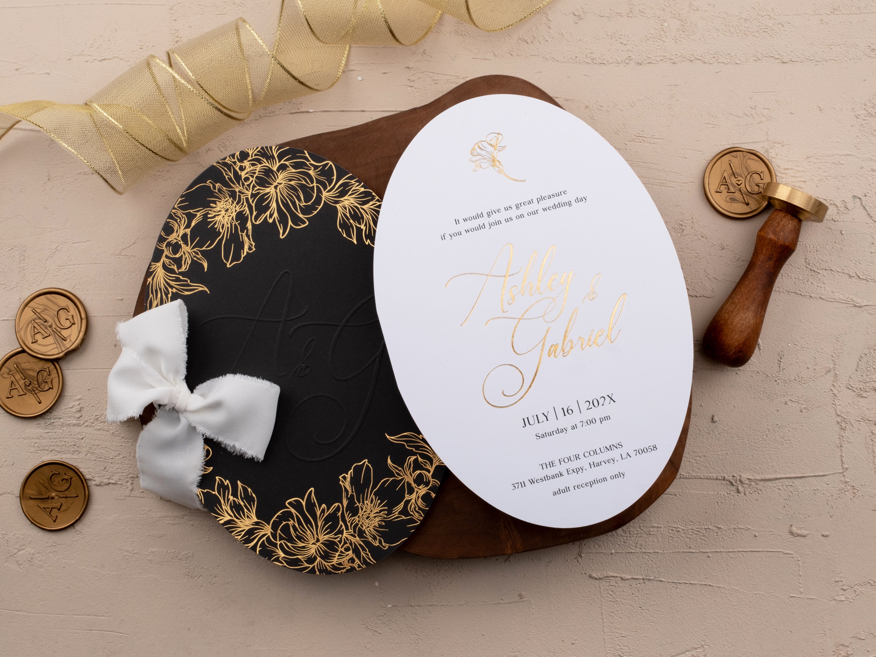 Luxury Black & Gold Wedding Invitation with Floral Foil Design