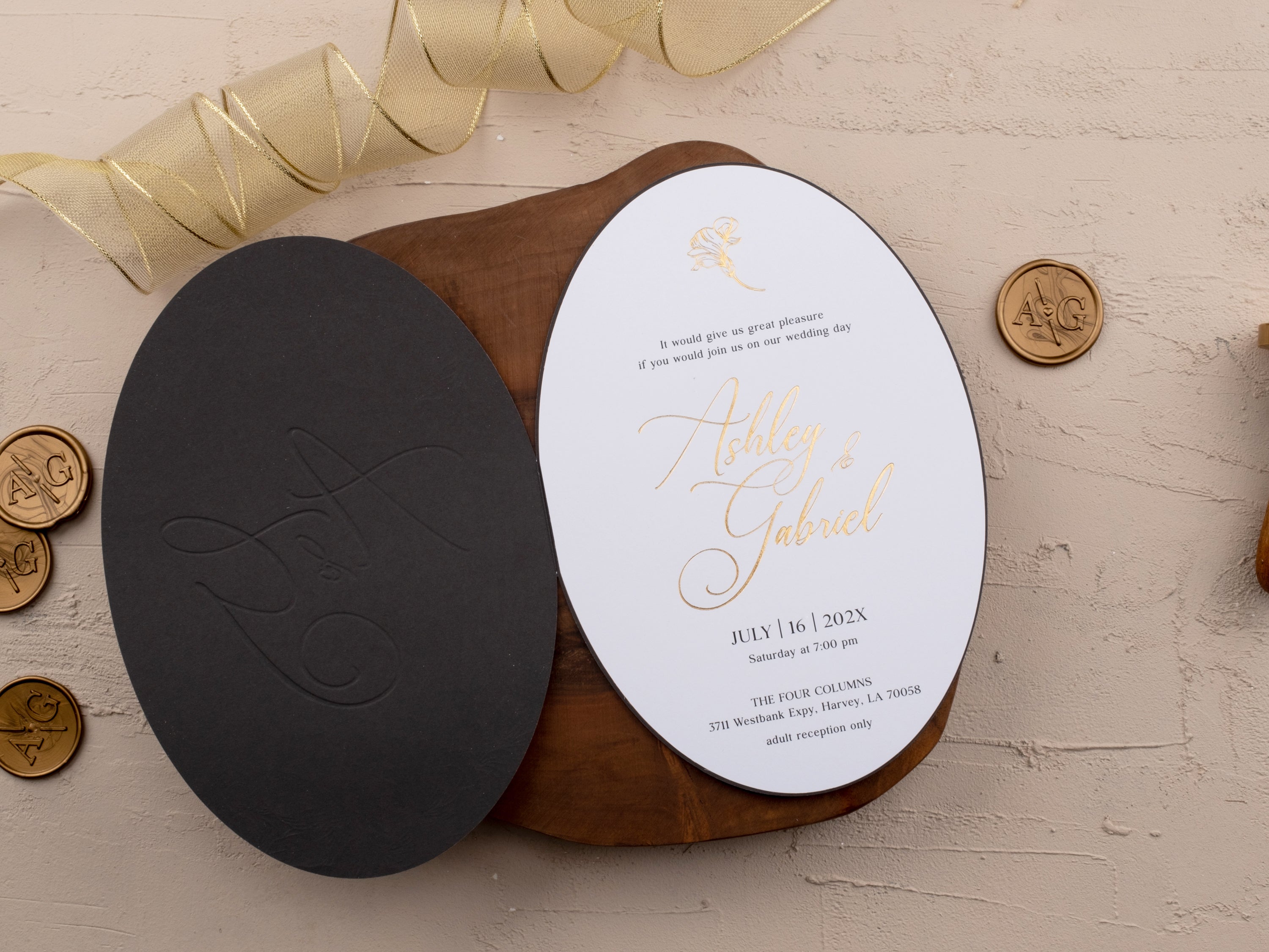 Luxury Black & Gold Wedding Invitation with Floral Foil Design