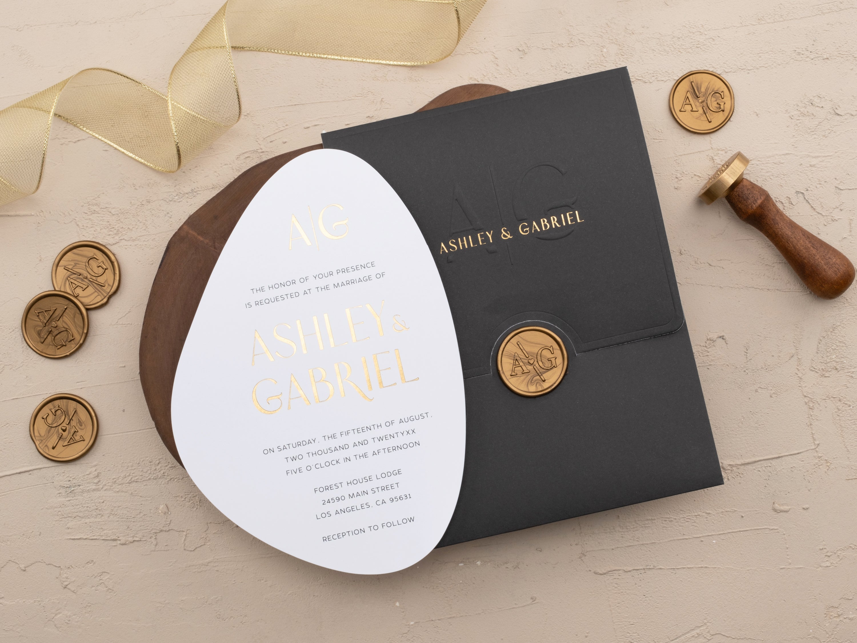 Elegant Black and Gold Modern Shape Wedding Invitation