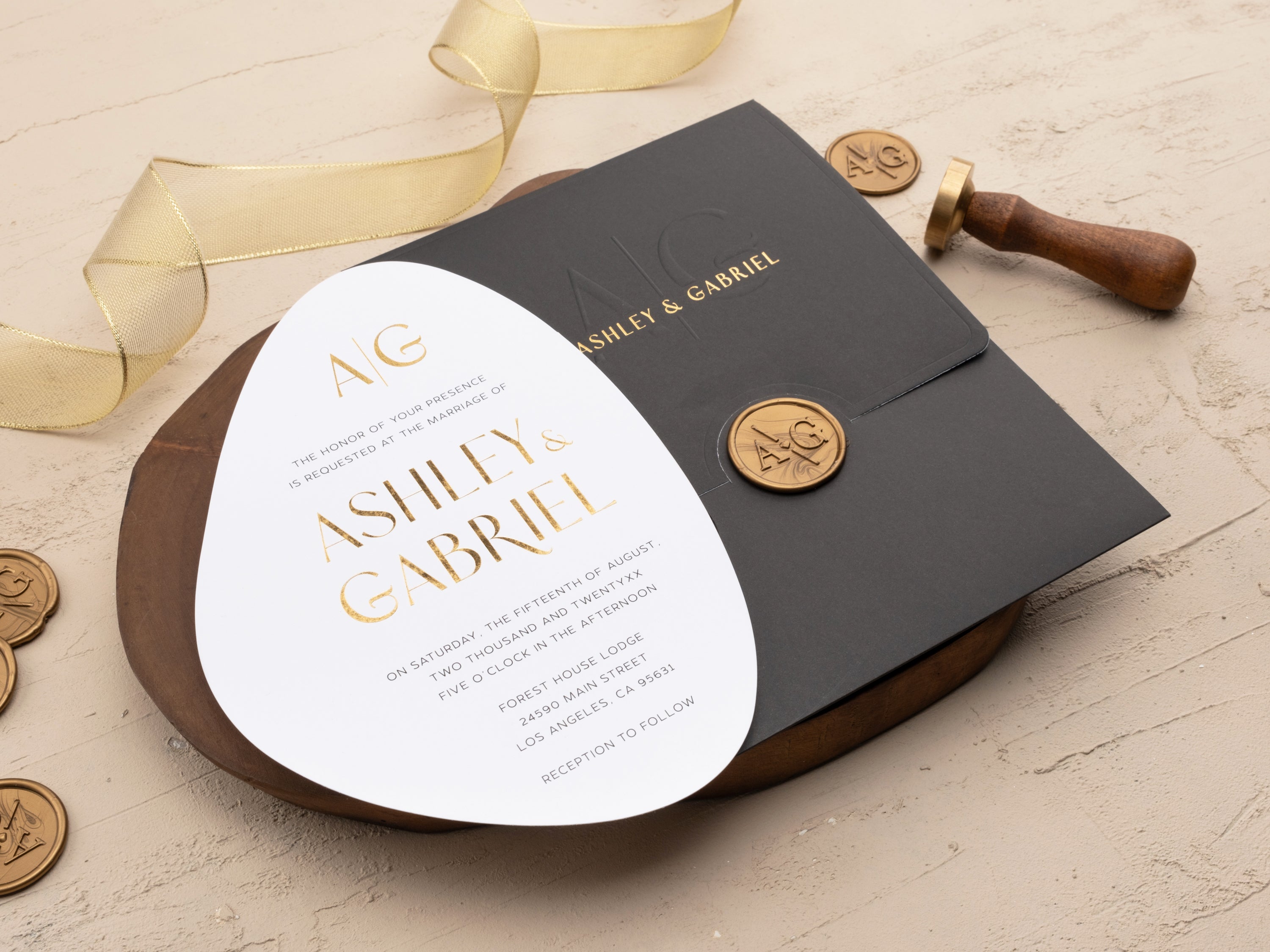 Elegant Black and Gold Modern Shape Wedding Invitation