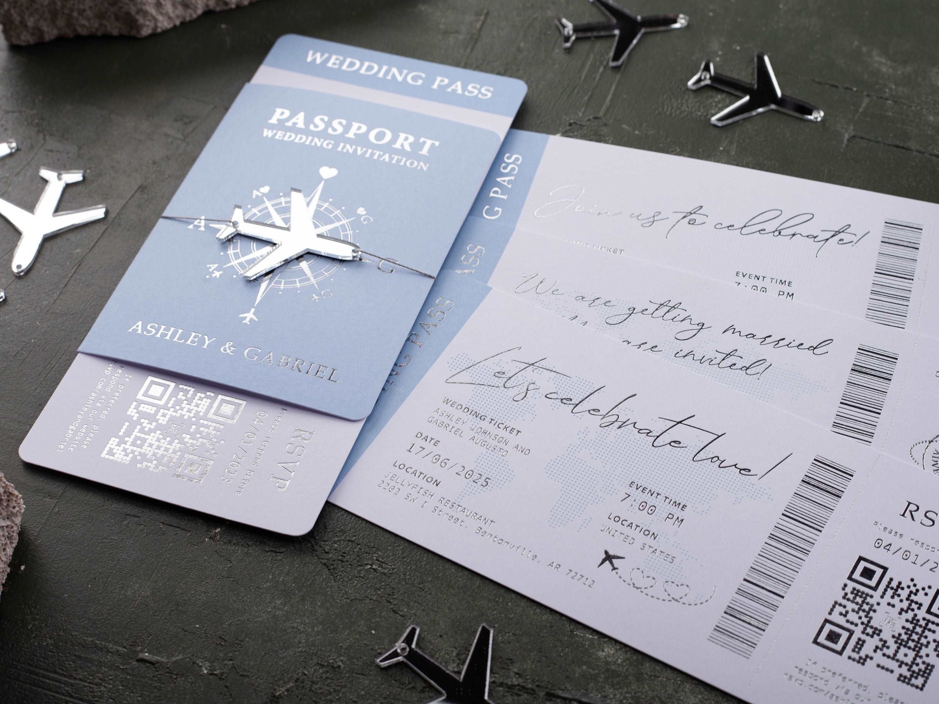 Baby Blue Boarding Pass Wedding Invitation with Silver Foil