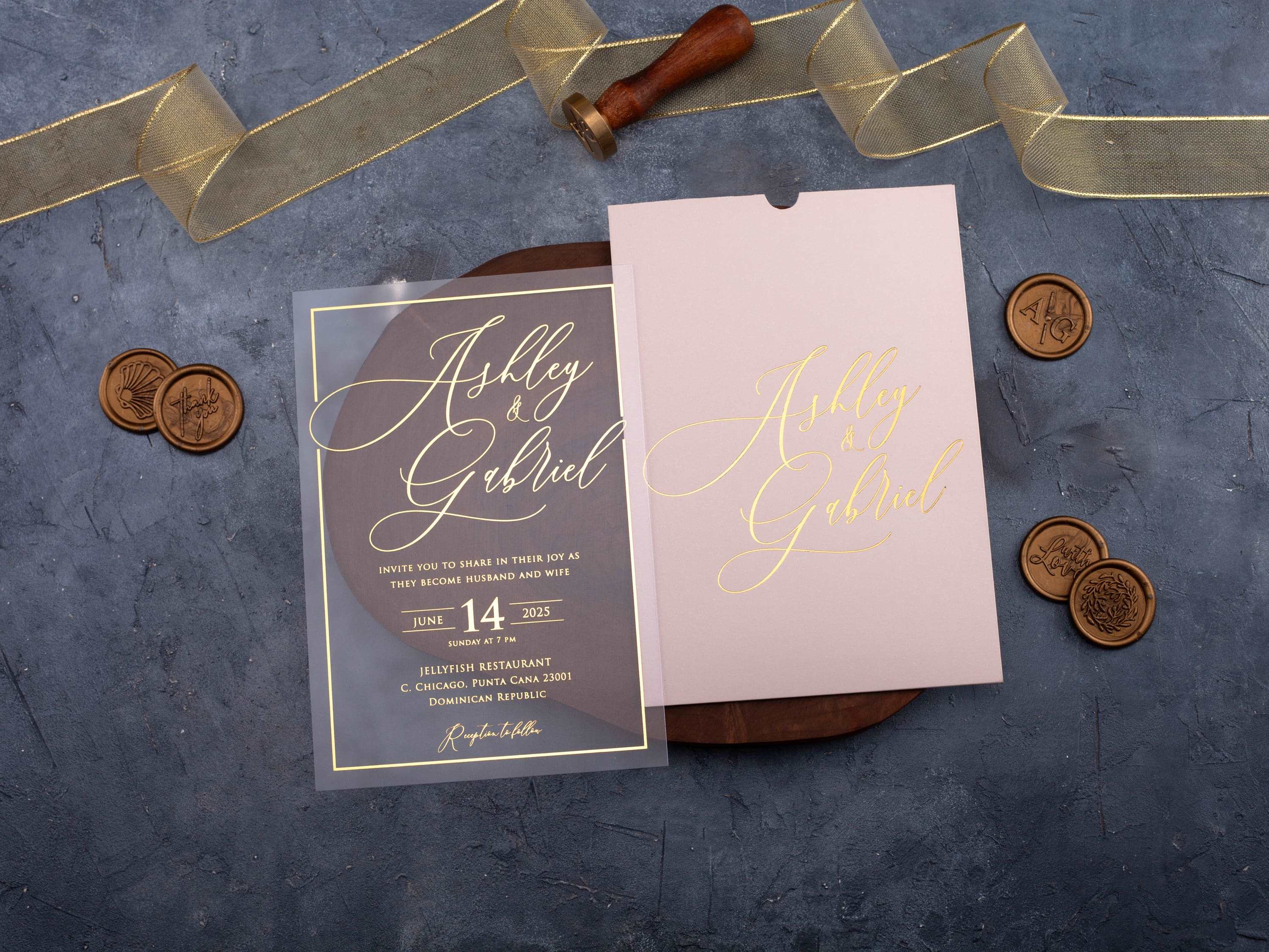 Blush Pink and Gold Acrylic Wedding Invitation