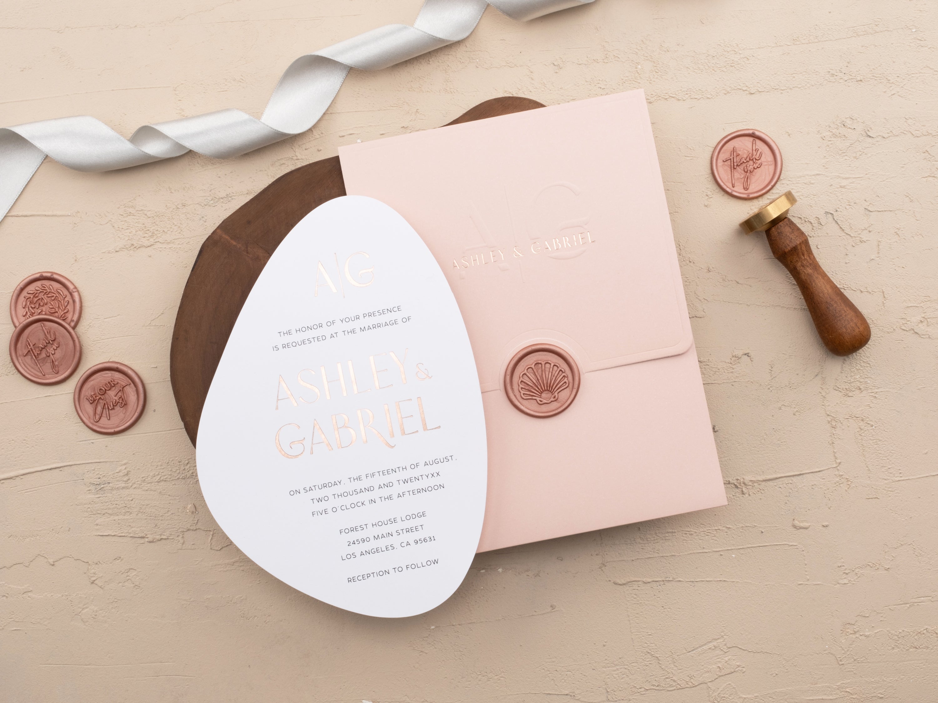 Blush Pink and Rose Gold Modern Embossed Wedding Invitation
