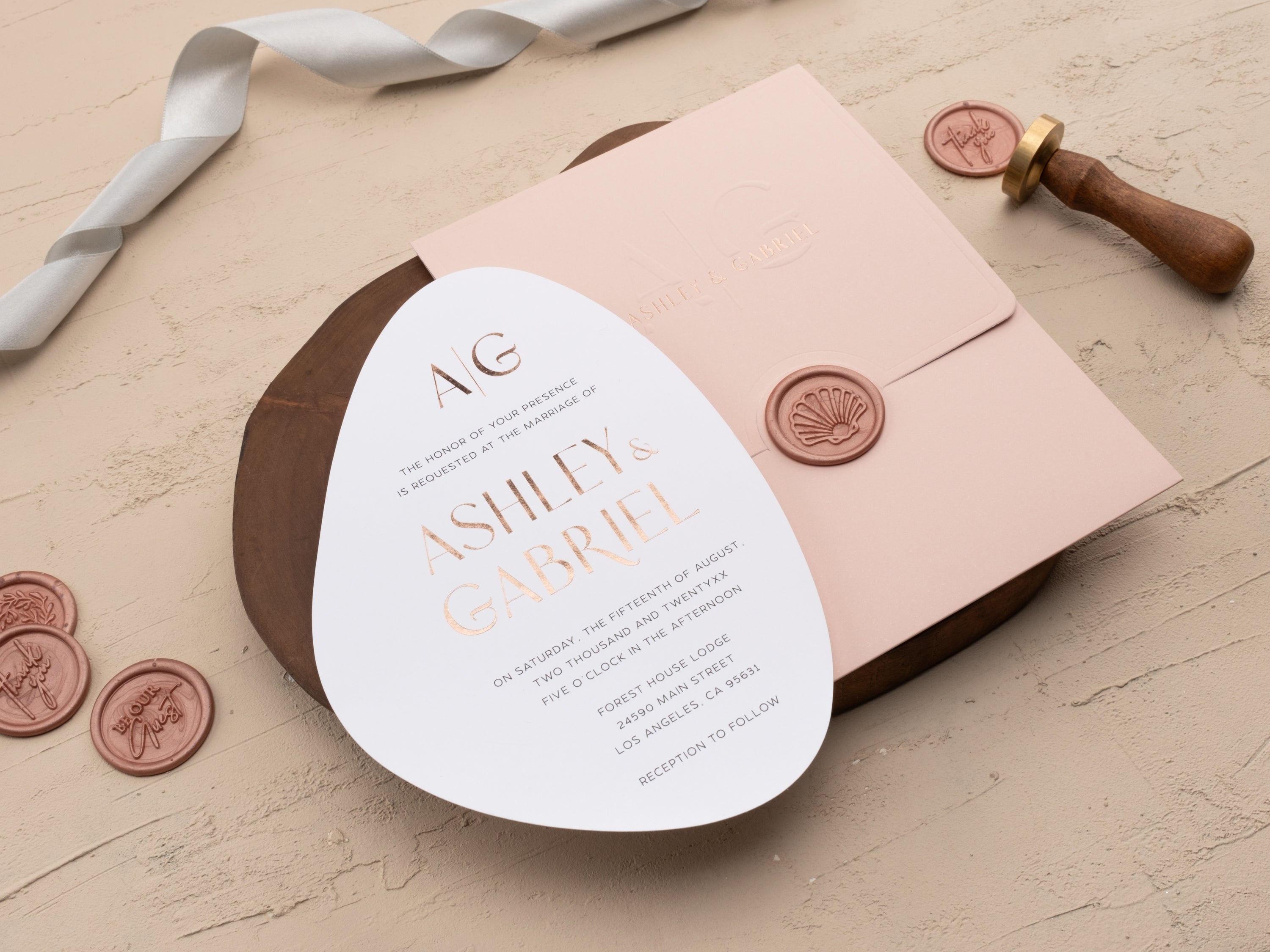 Blush Pink and Rose Gold Modern Embossed Wedding Invitation