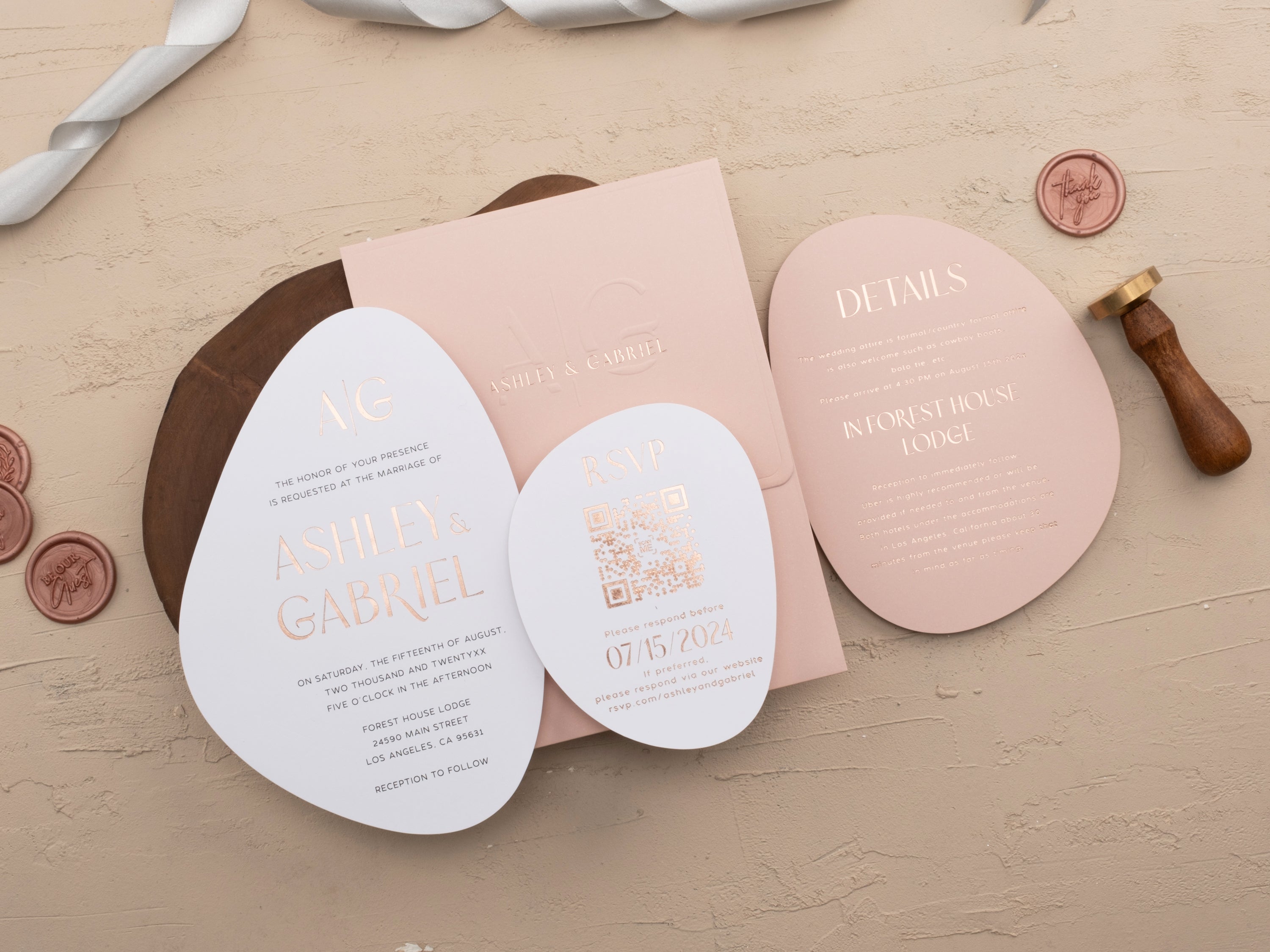 Blush Pink and Rose Gold Modern Embossed Wedding Invitation