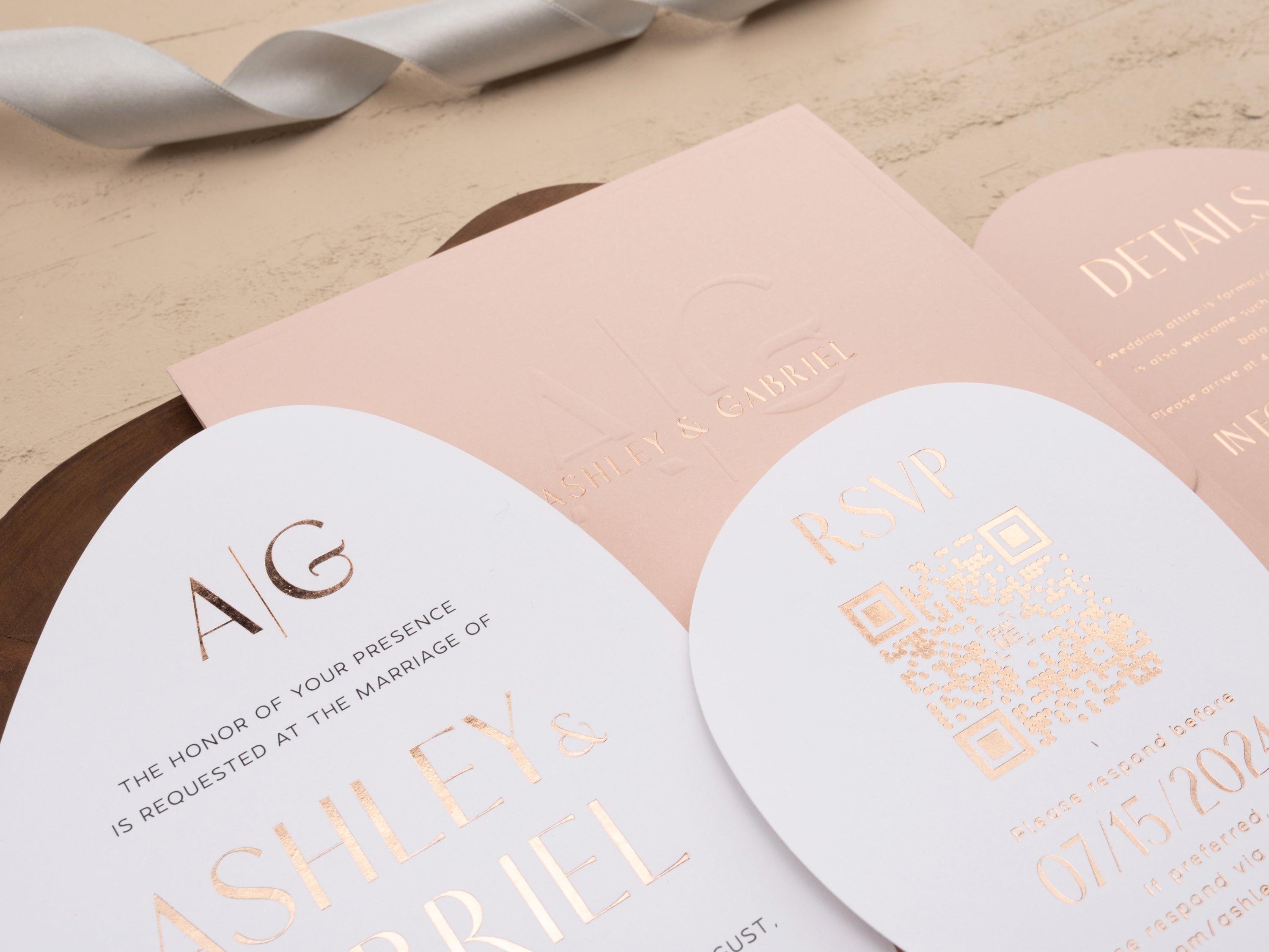 Blush Pink and Rose Gold Modern Embossed Wedding Invitation
