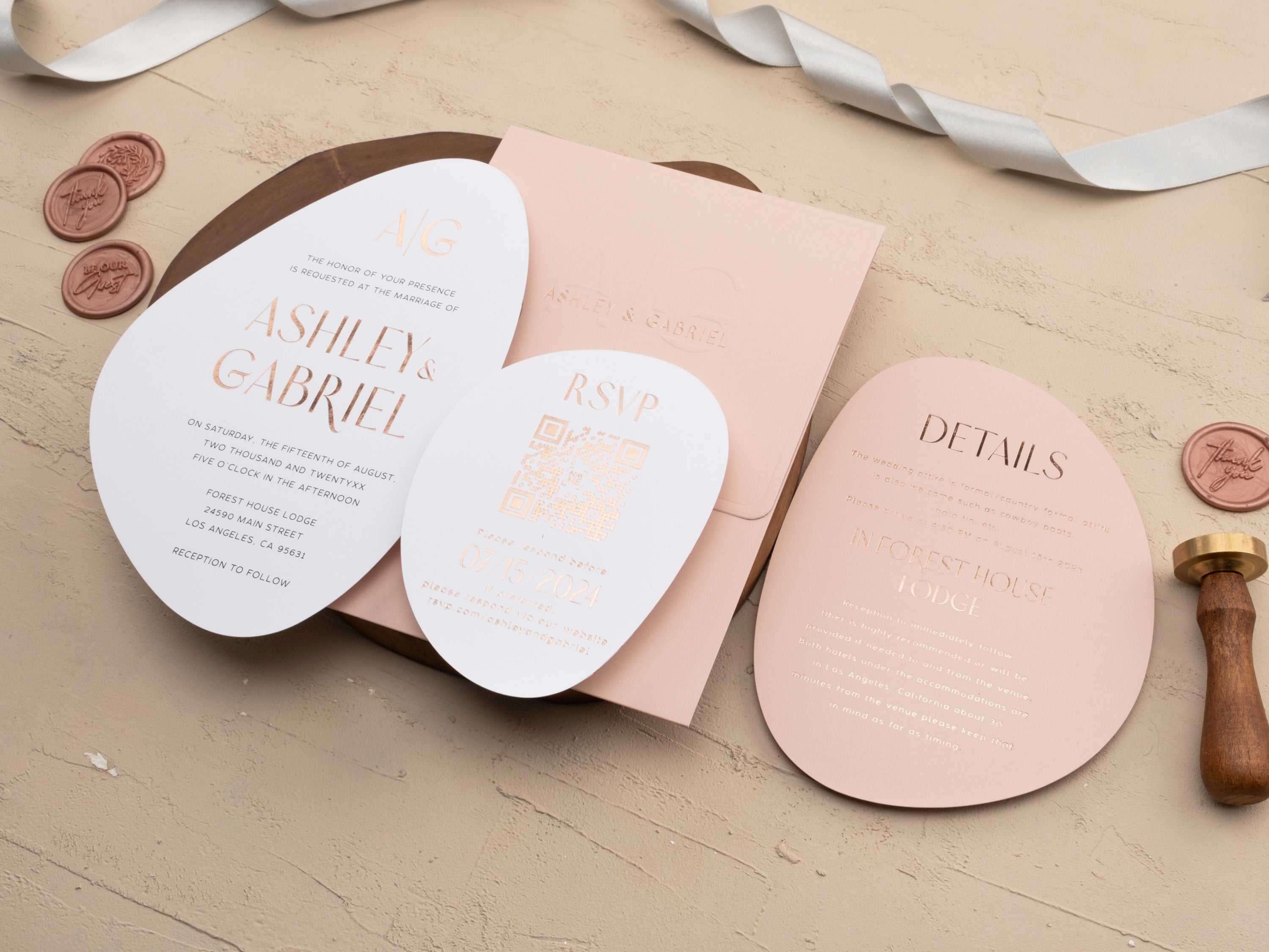 Blush Pink and Rose Gold Modern Embossed Wedding Invitation