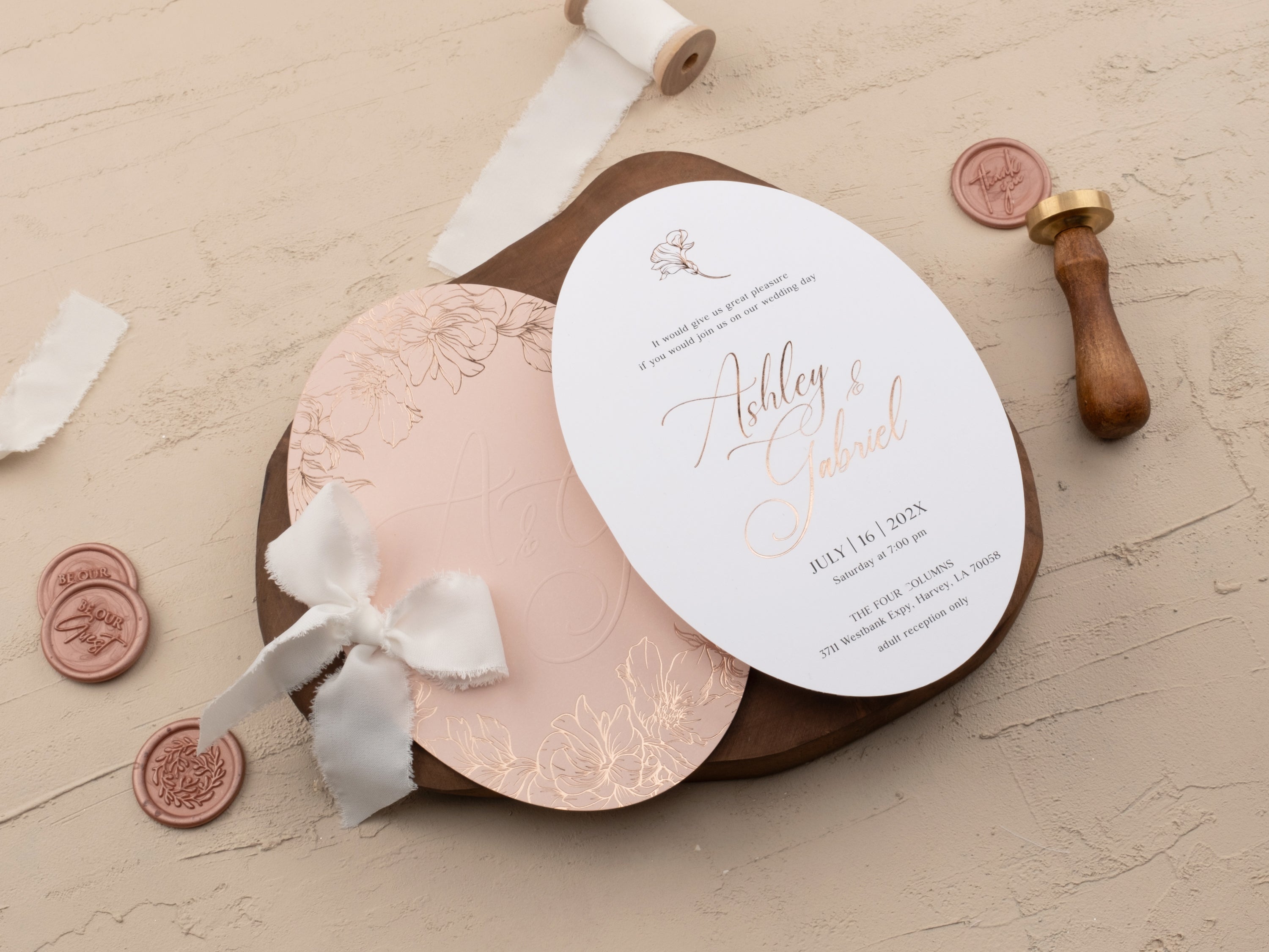 Blush Pink & Rose Gold Wedding Invitation with Floral Foil Design