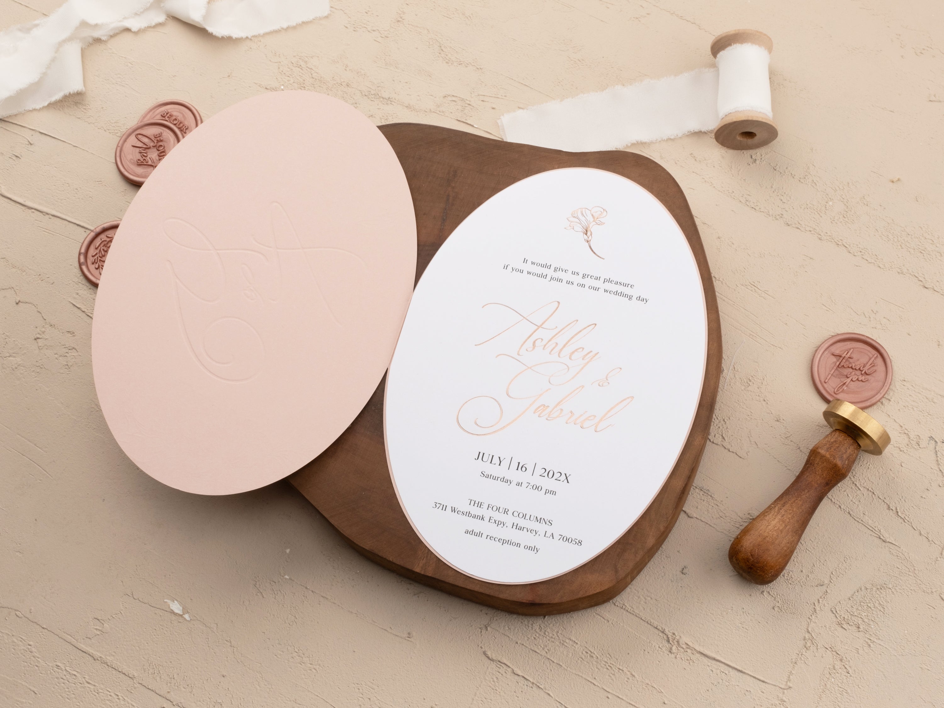 Blush Pink & Rose Gold Wedding Invitation with Floral Foil Design