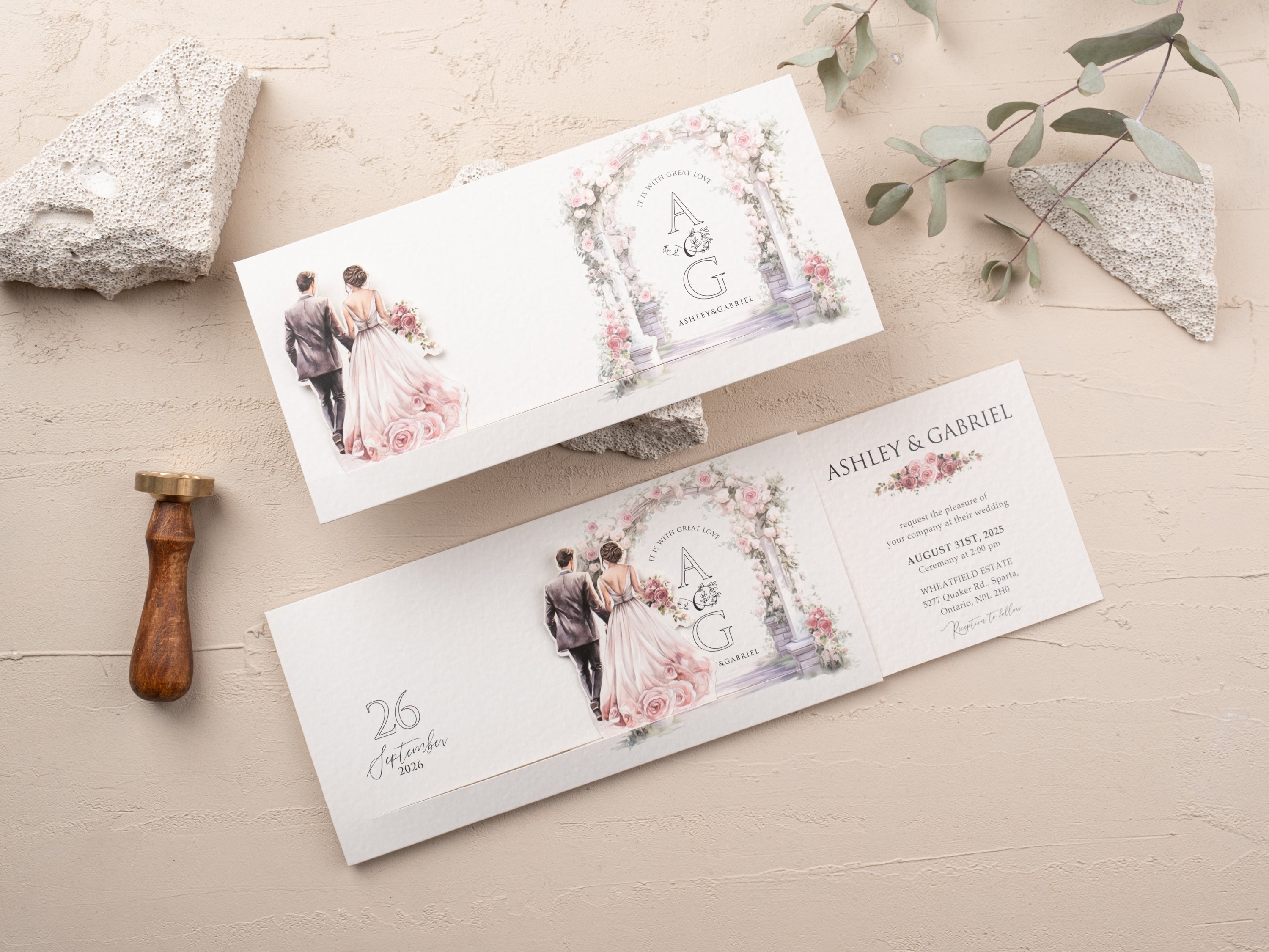 Romantic floral arch wedding invitation with illustrated bride and groom, custom monogram, and sliding card design.