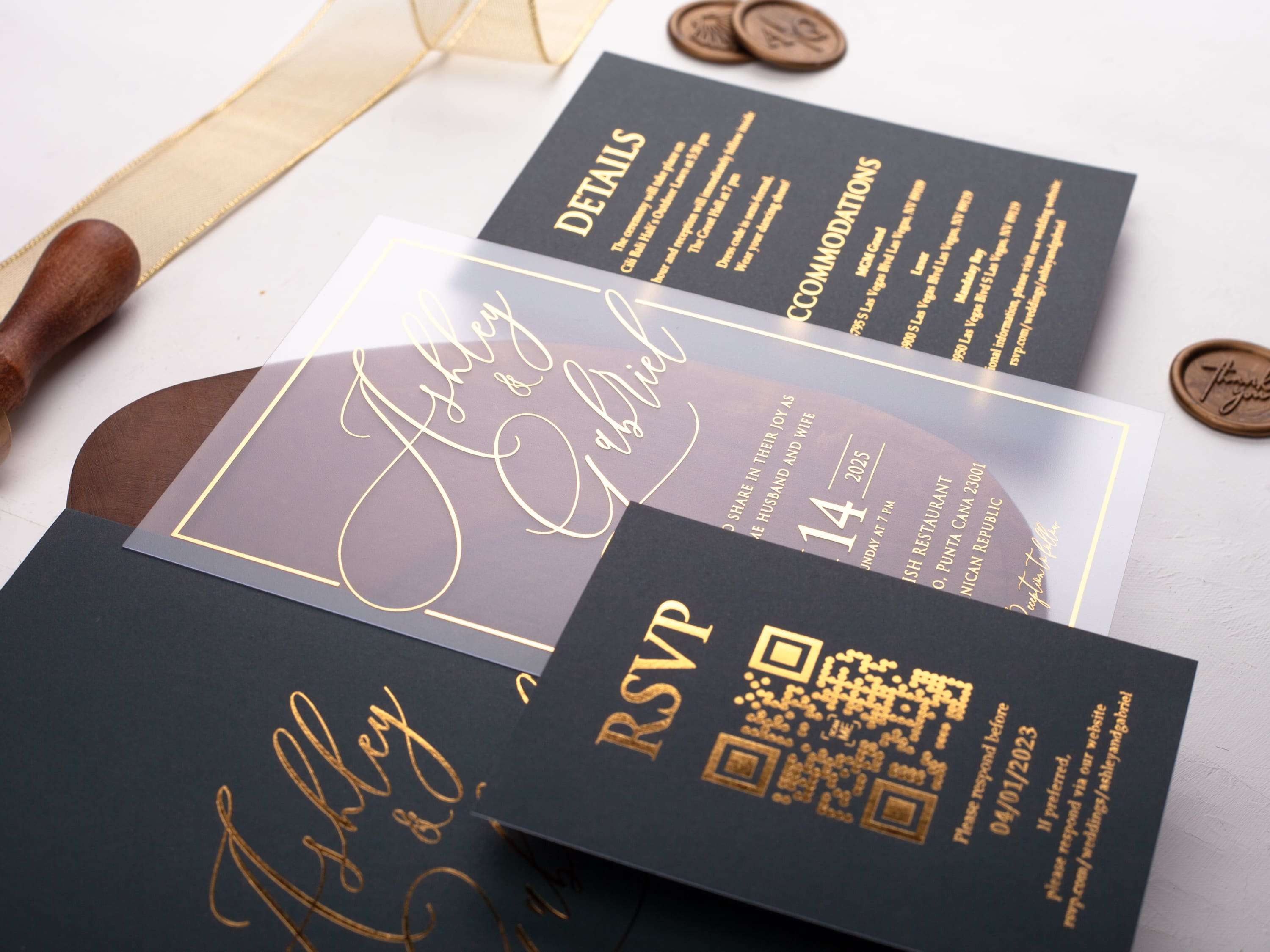 Acrylic Wedding Invitation with Gold Foil Print and Dark Green Sleeve Envelope