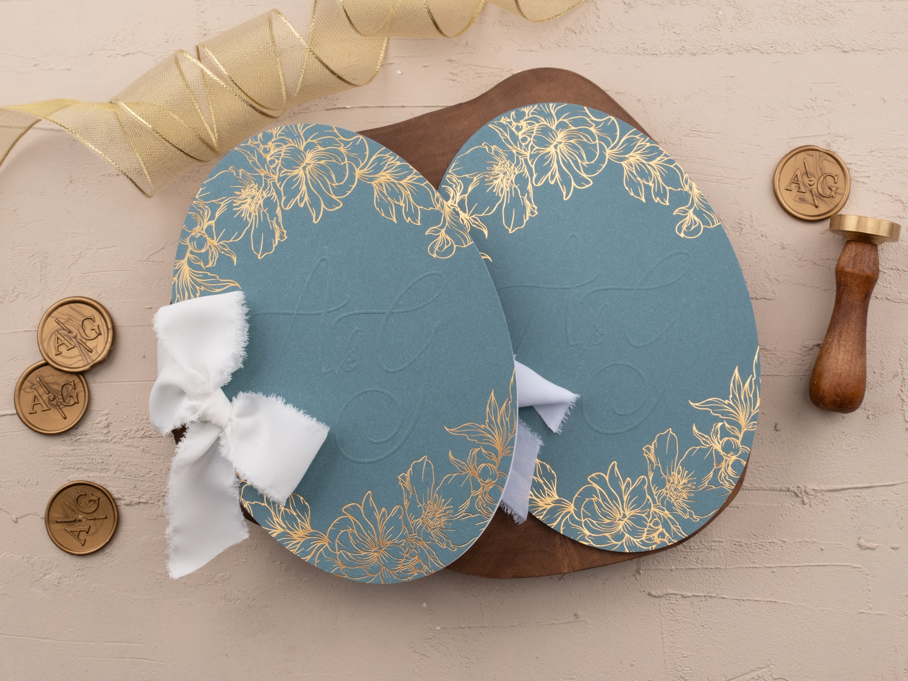 Dusty Blue & Gold Wedding Invitation with Floral Foil Design