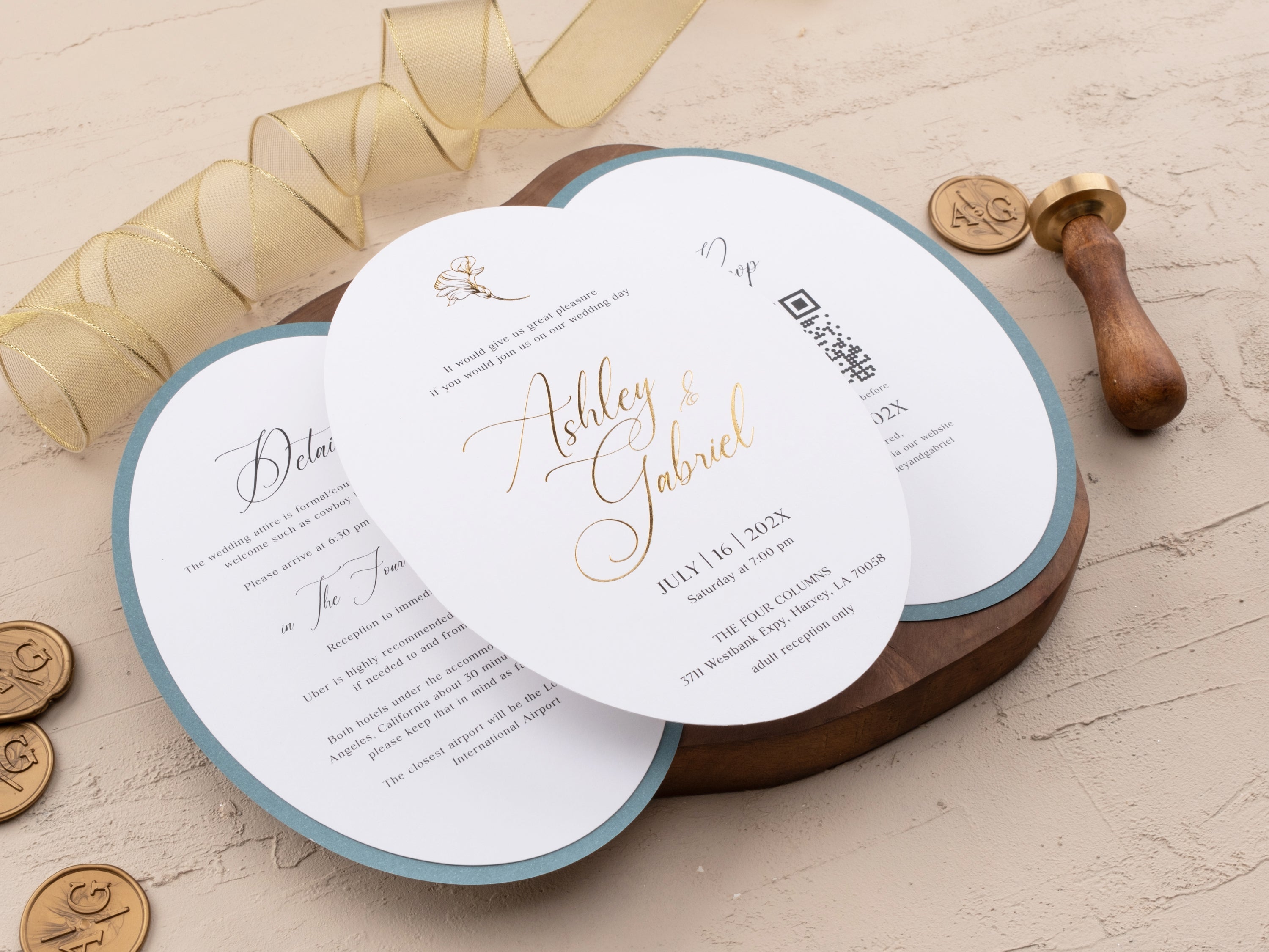Dusty Blue & Gold Wedding Invitation with Floral Foil Design