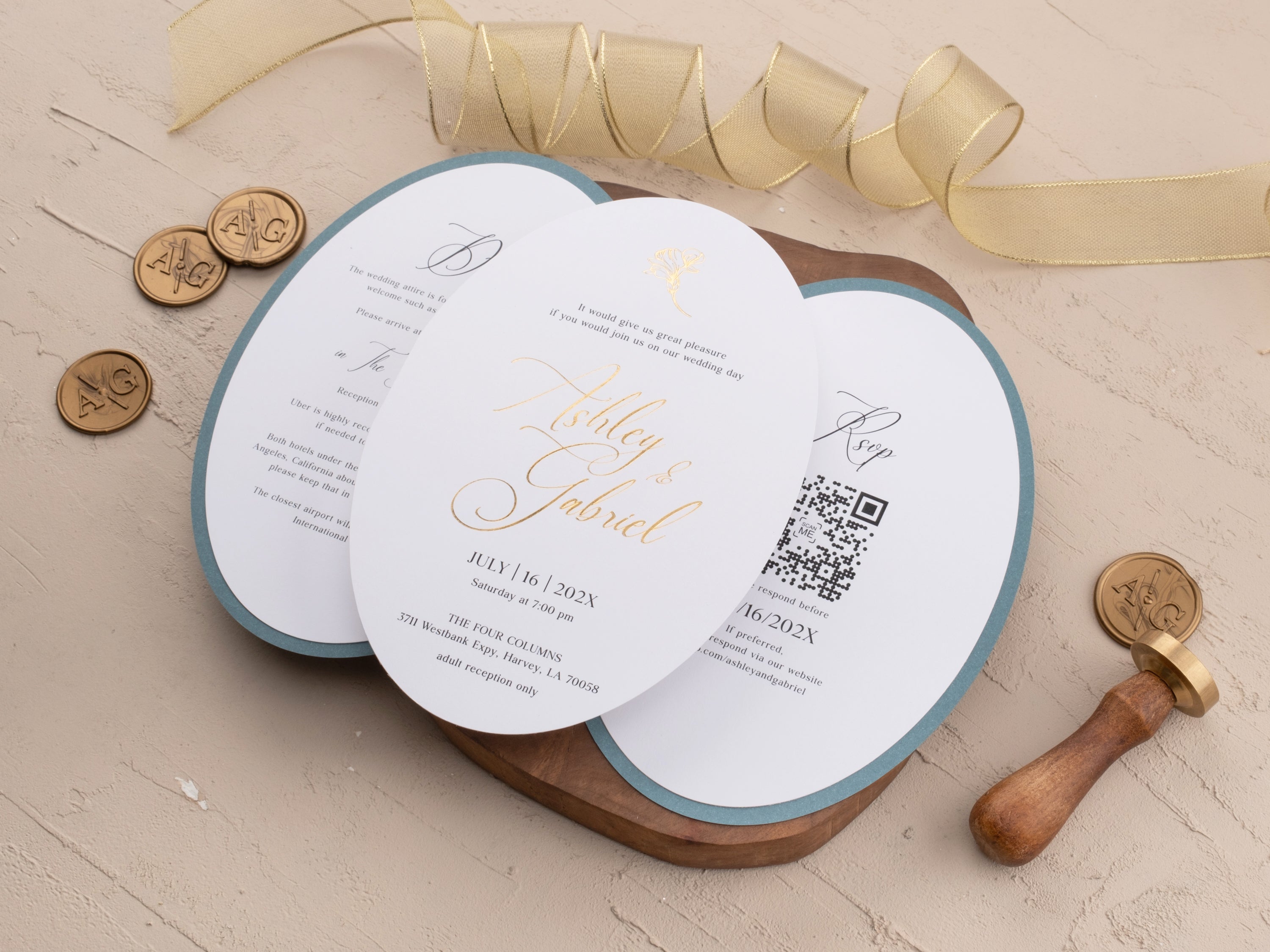 Dusty Blue & Gold Wedding Invitation with Floral Foil Design