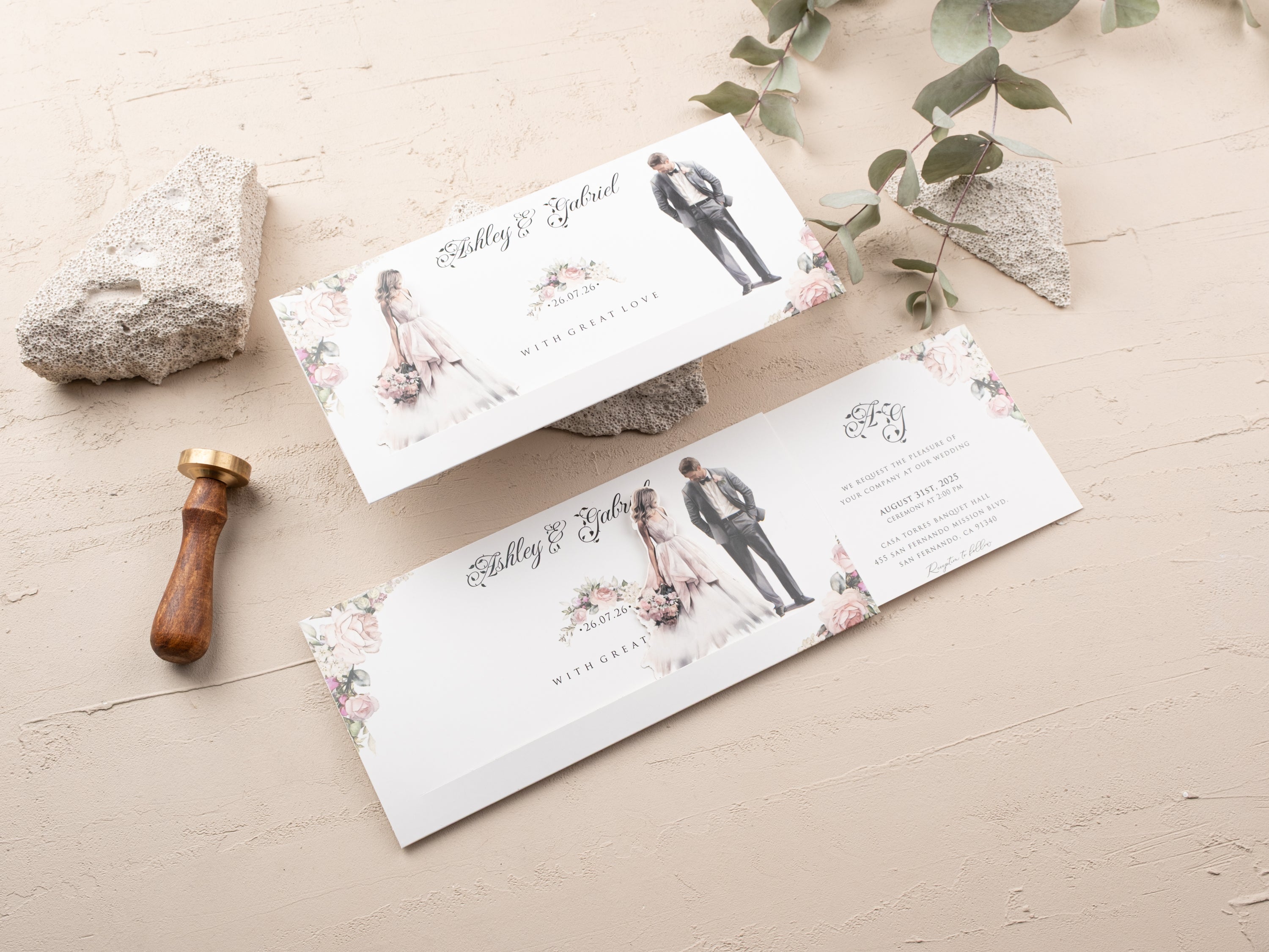 Blush floral sliding wedding invitation with romantic illustrated couple and personalized wedding details.