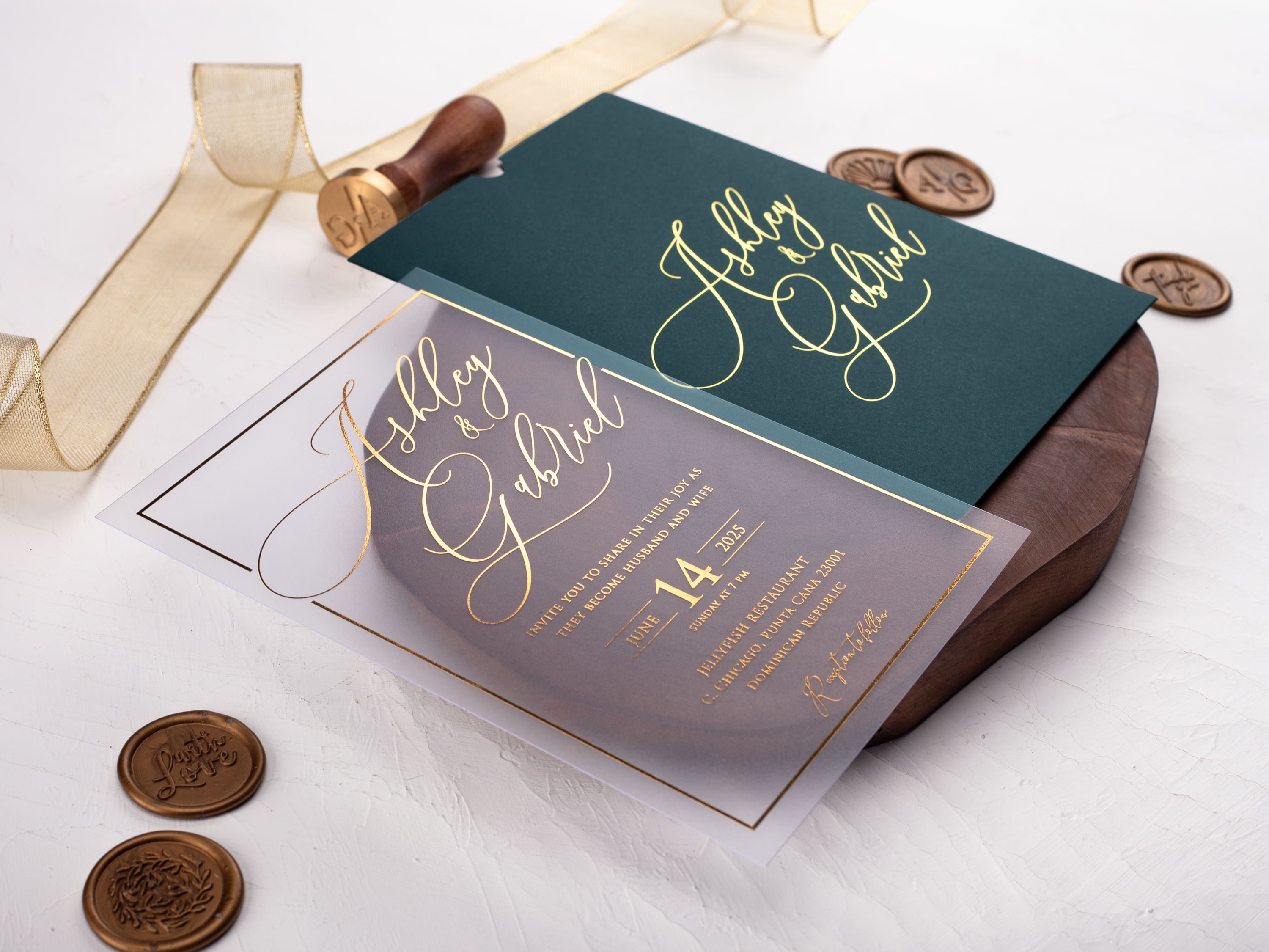 Acrylic Wedding Invitation with Gold Foil Print and Dark Green Sleeve Envelope