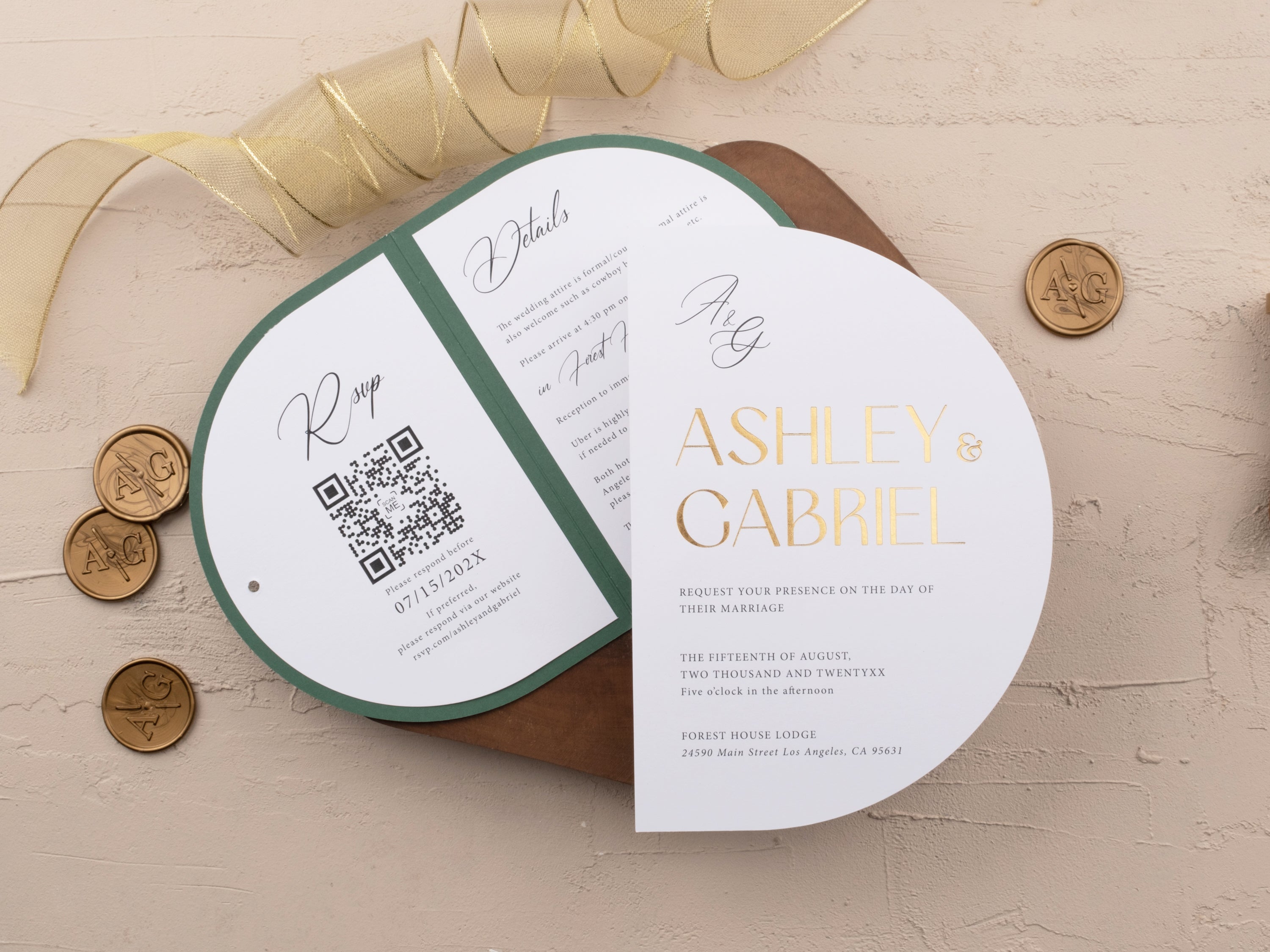 Emerald Green & Gold Foil Wedding Invitation with Embossed Initials