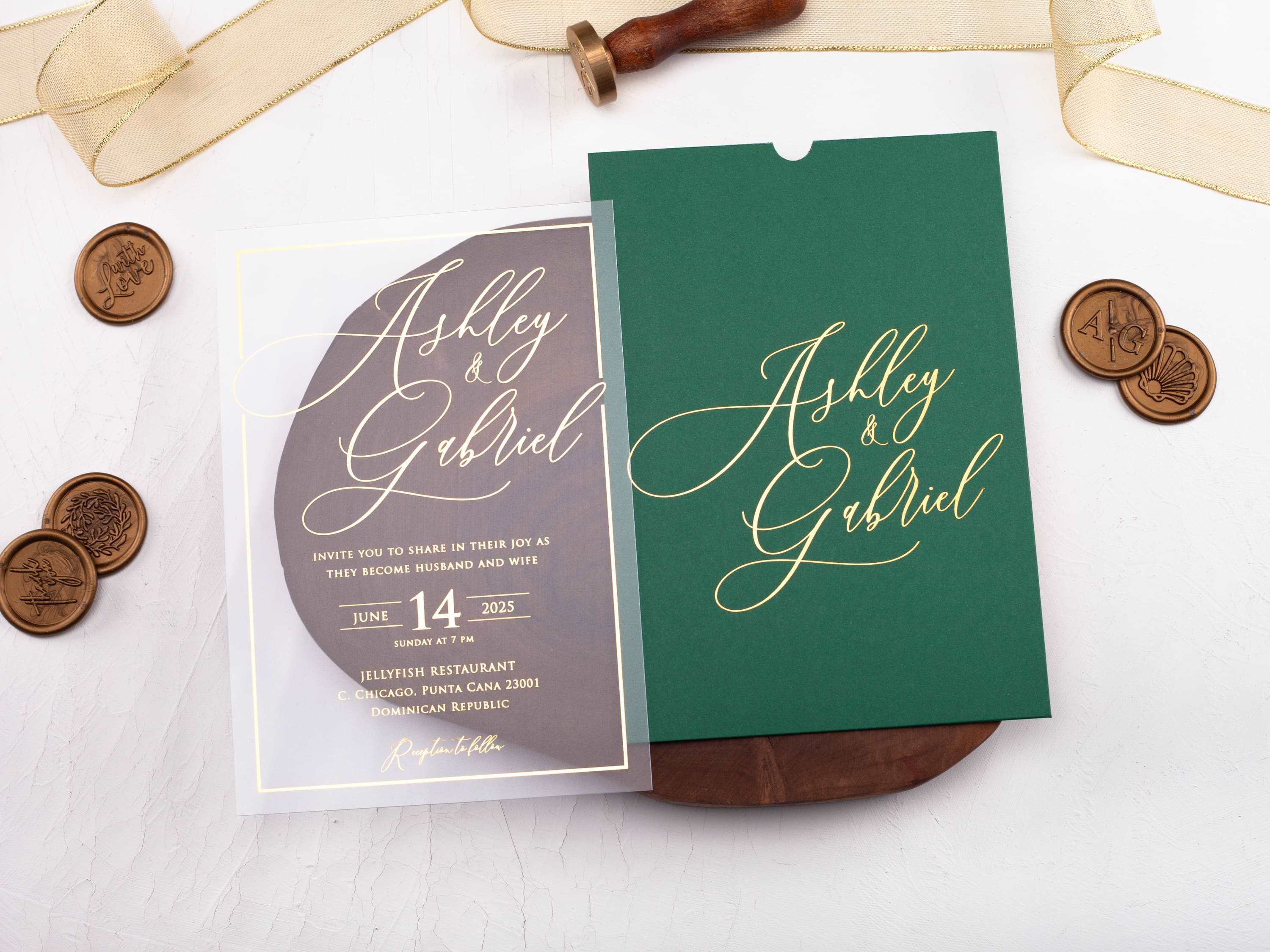 Emerald Green Acrylic Wedding Invitation with Gold Foil Print