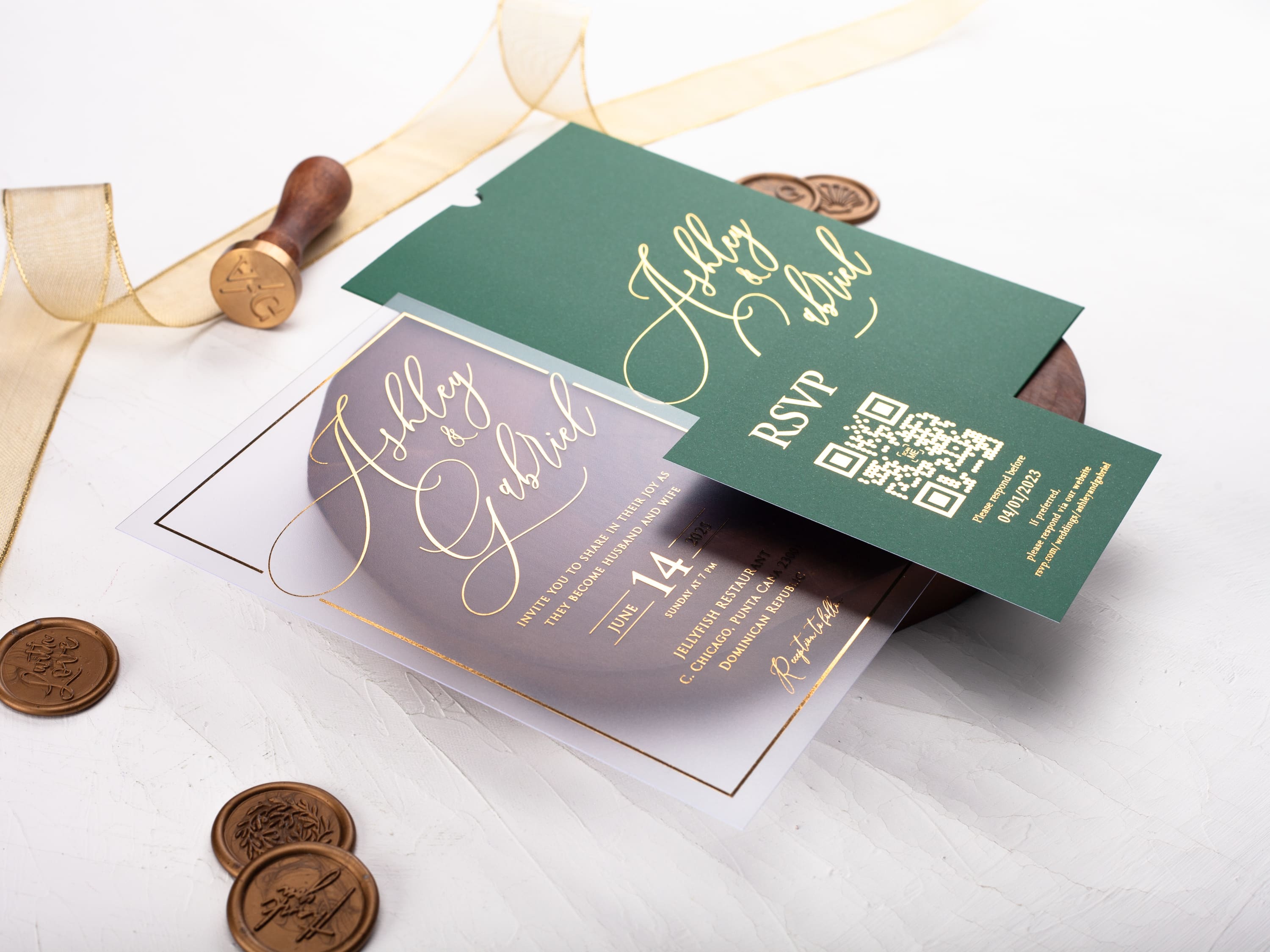Emerald Green Acrylic Wedding Invitation with Gold Foil Print