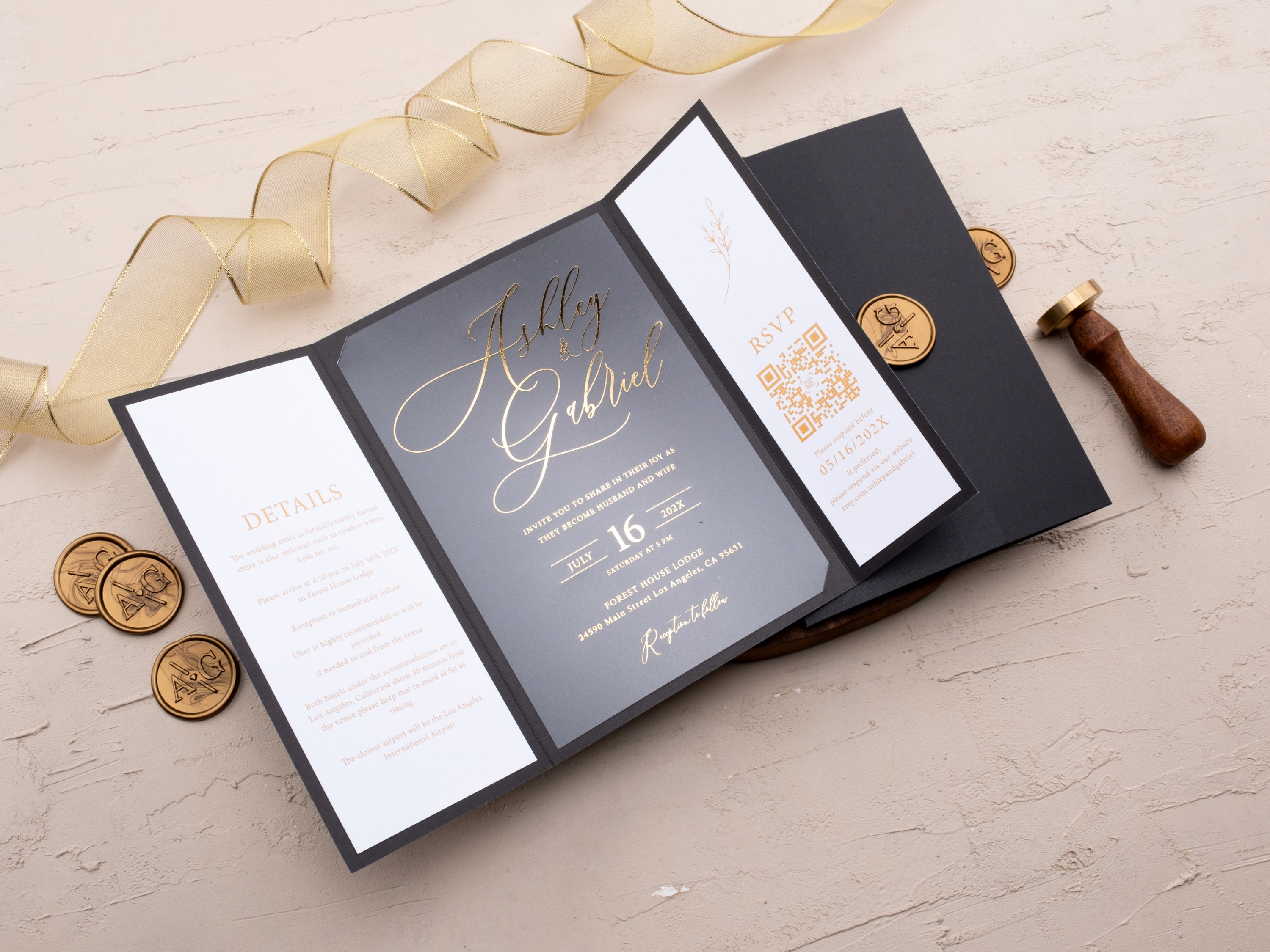 Elegant Gatefold Black and Gold Foil Acrylic Wedding Invitation