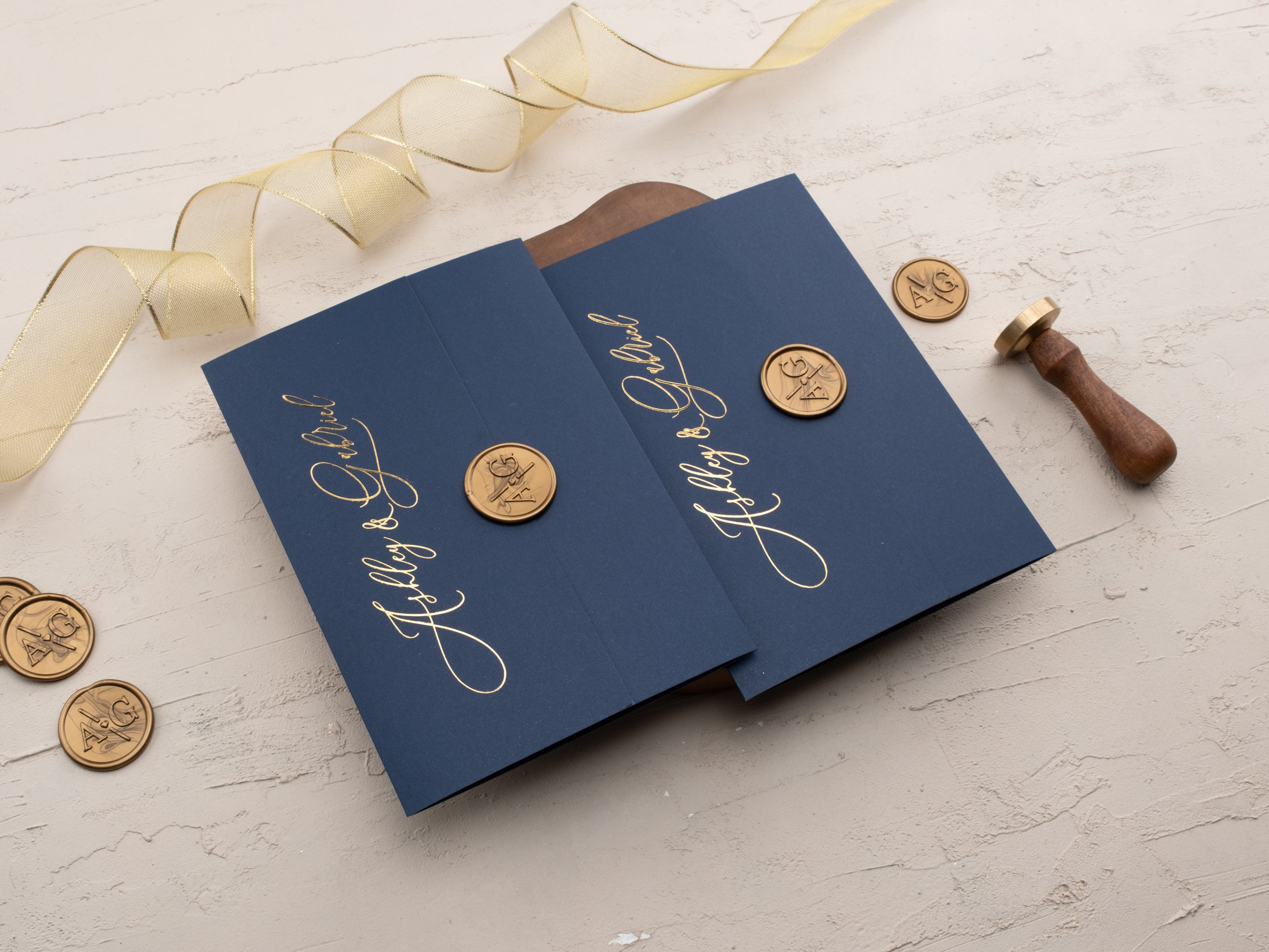 Gatefold Navy Blue and Gold Foil Acrylic Wedding Invitation