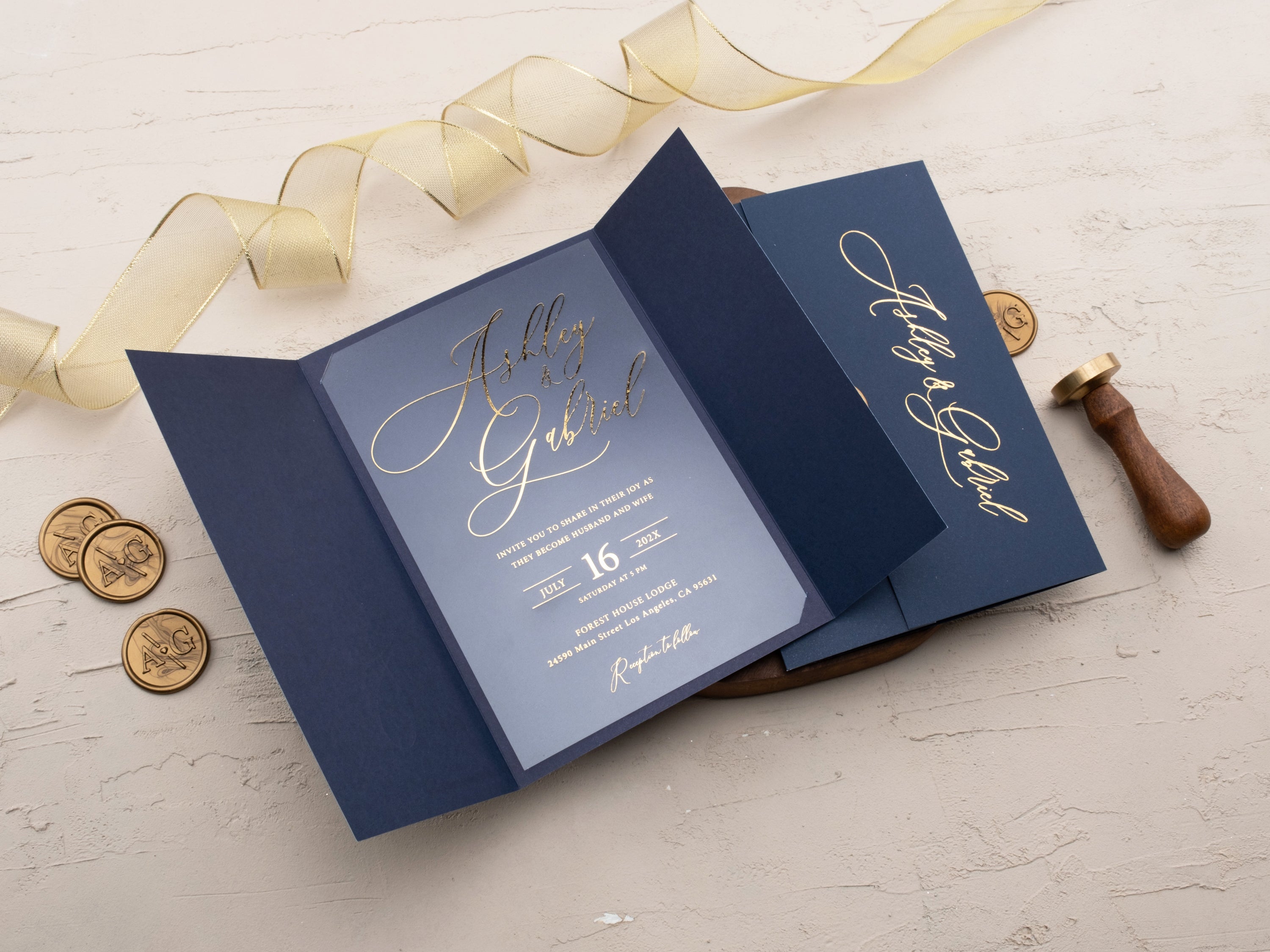 Gatefold Navy Blue and Gold Foil Acrylic Wedding Invitation
