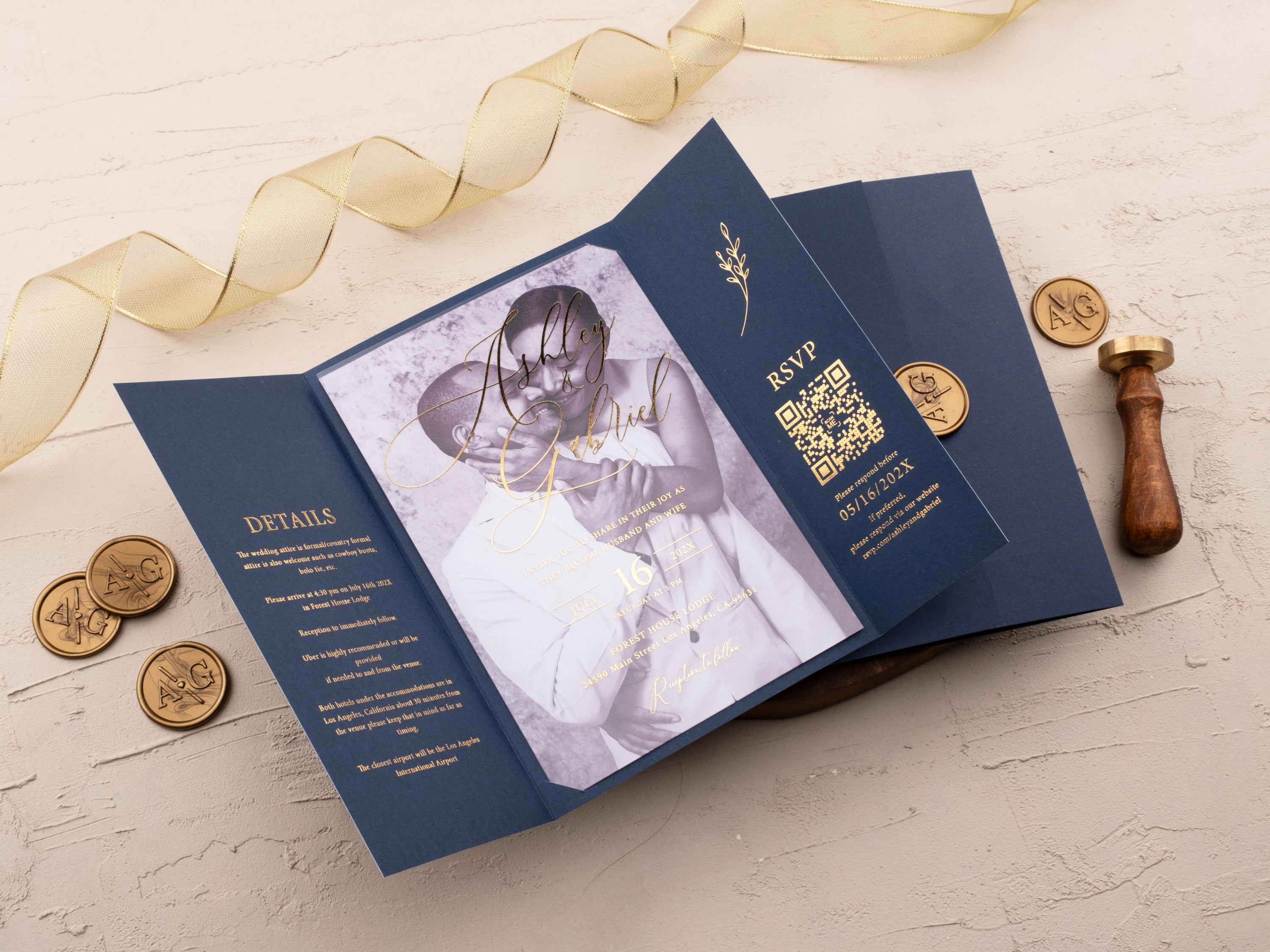 Gatefold Navy Blue and Gold Foil Acrylic Wedding Invitation