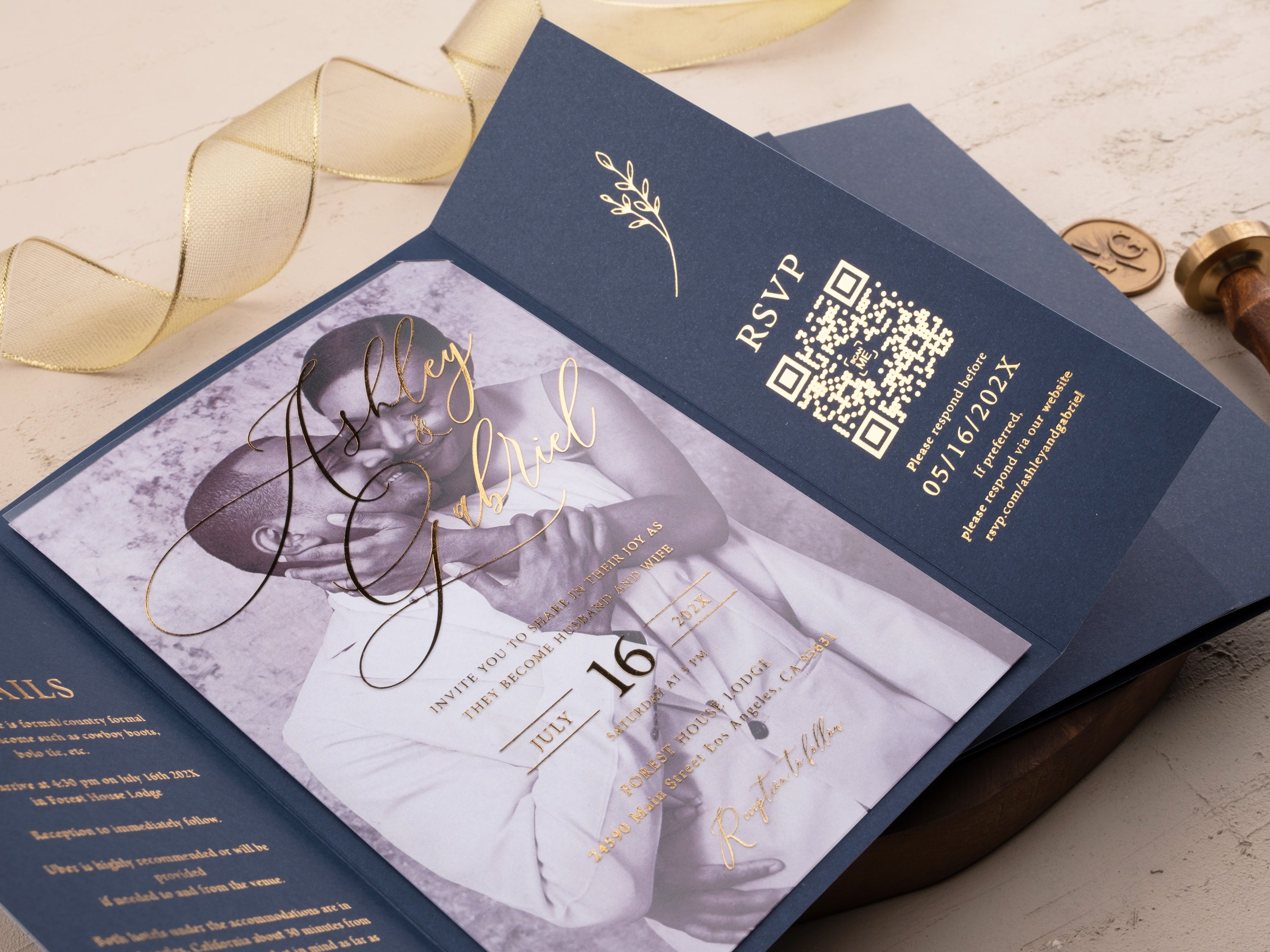 Gatefold Navy Blue and Gold Foil Acrylic Wedding Invitation