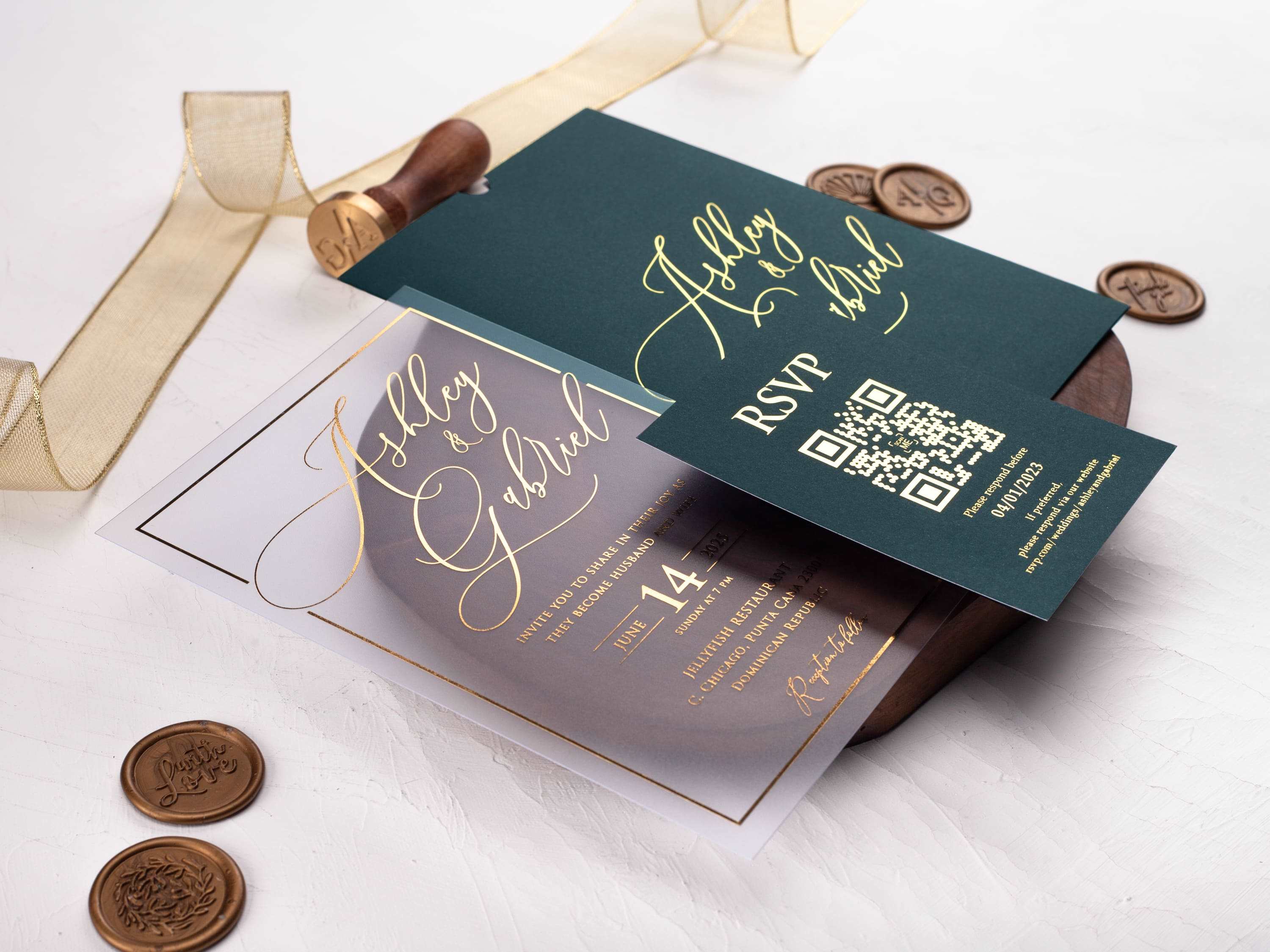Acrylic Wedding Invitation with Gold Foil Print and Dark Green Sleeve Envelope