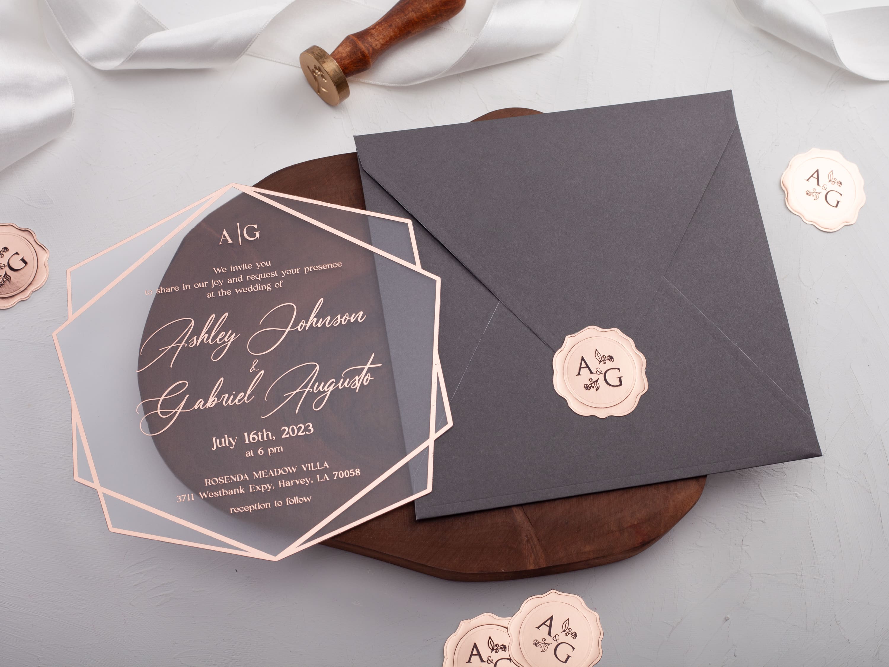 Gray and Rose Gold Acrylic Wedding Invitation