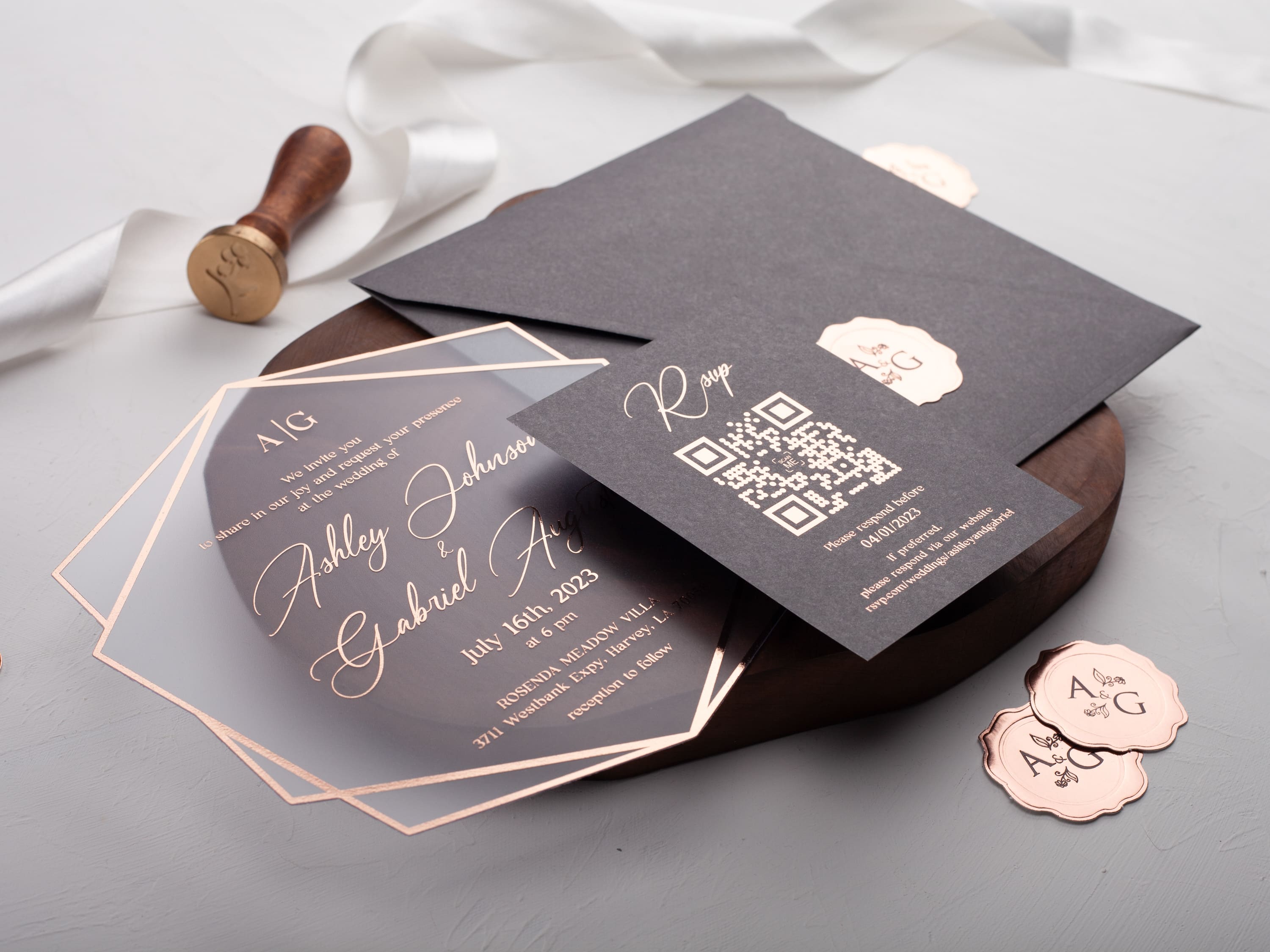 Gray and Rose Gold Acrylic Wedding Invitation