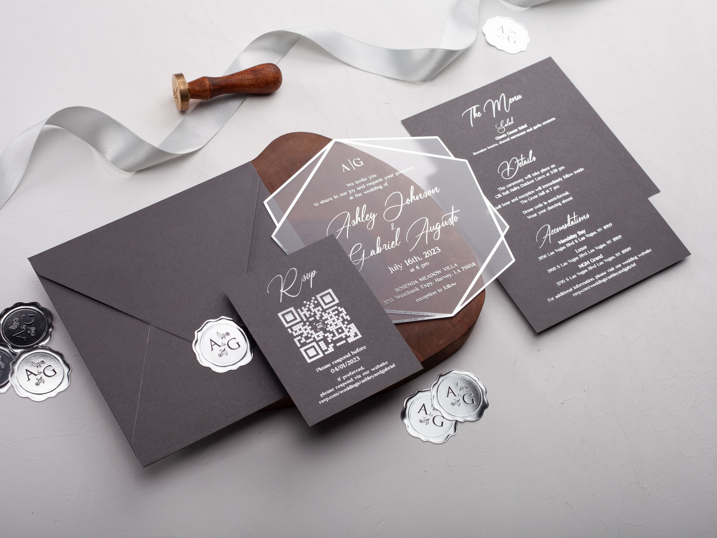 Gray and Silver Acrylic Wedding Invitation