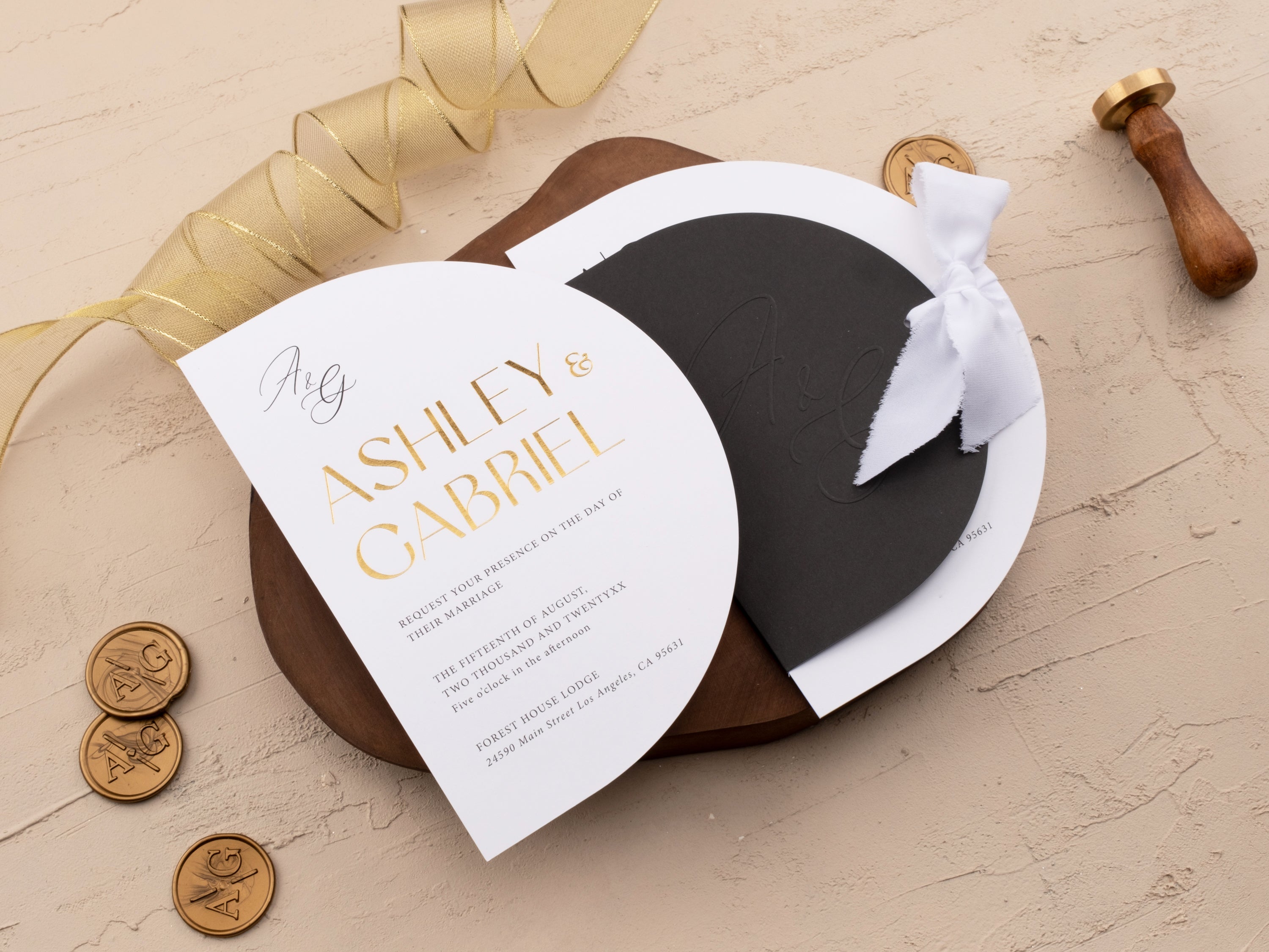 Half Circle Gold Foil Printed Wedding Invitation with Black Jacket
