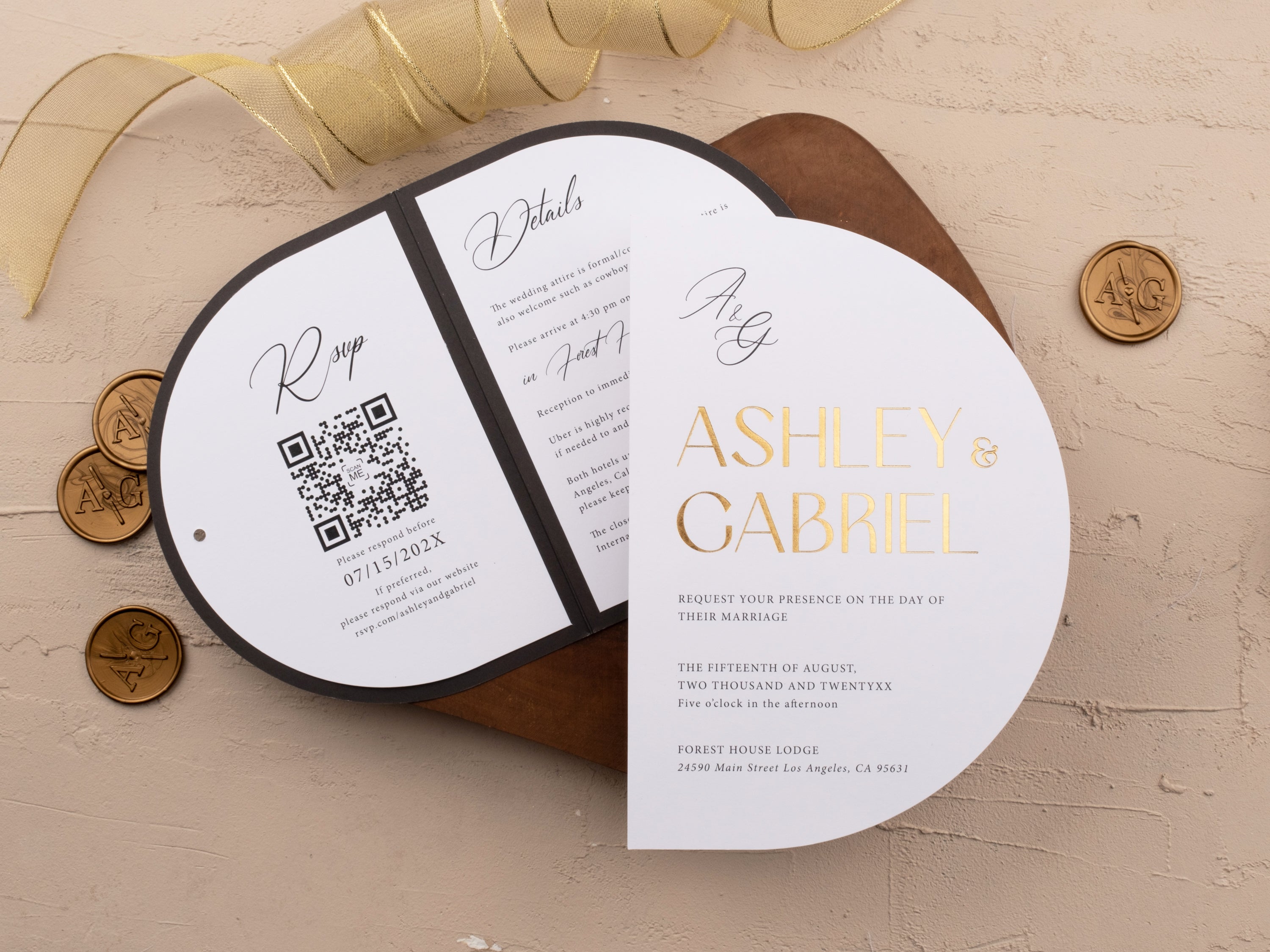 Half Circle Gold Foil Printed Wedding Invitation with Black Jacket