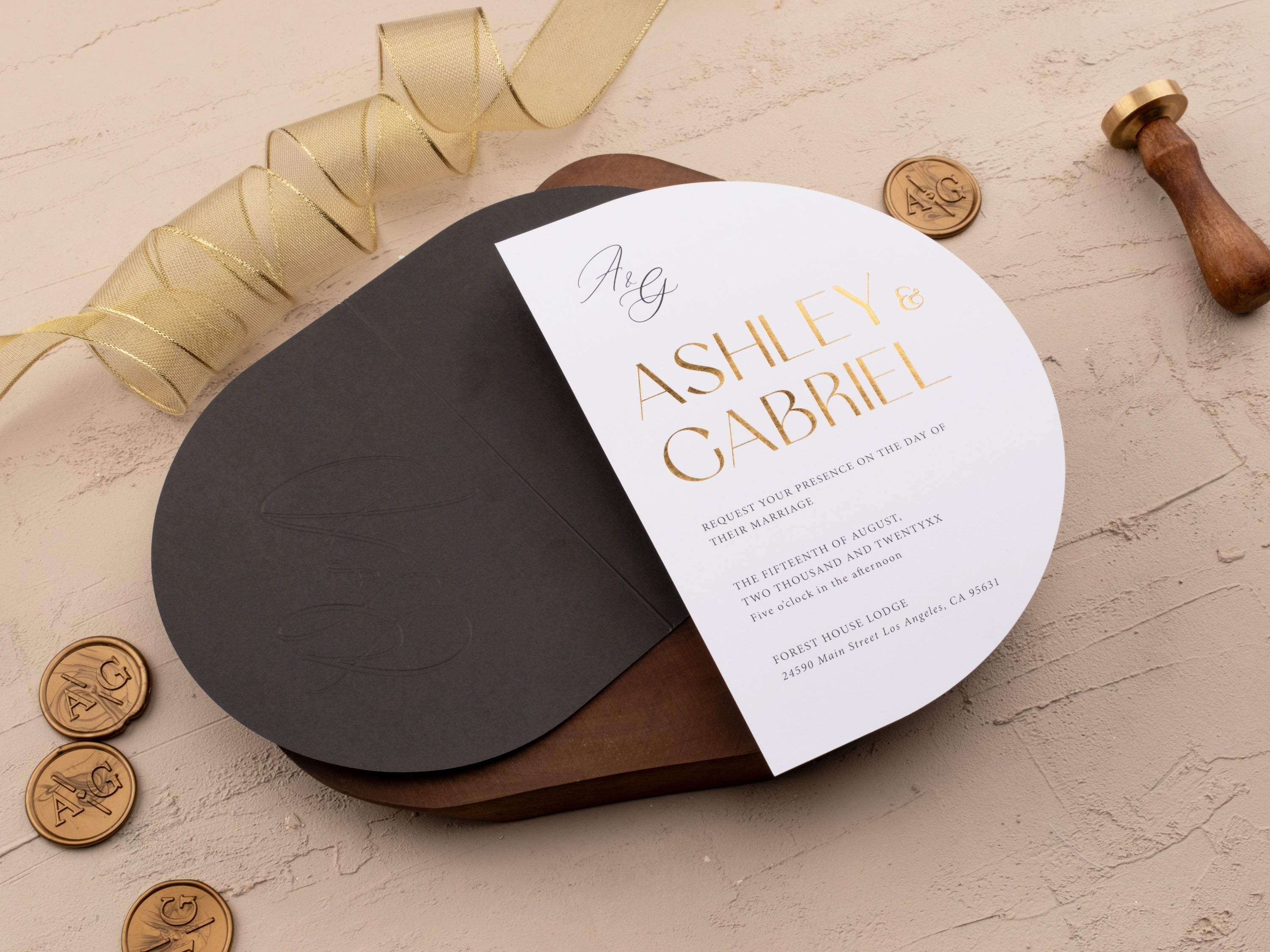 Half Circle Gold Foil Printed Wedding Invitation with Black Jacket