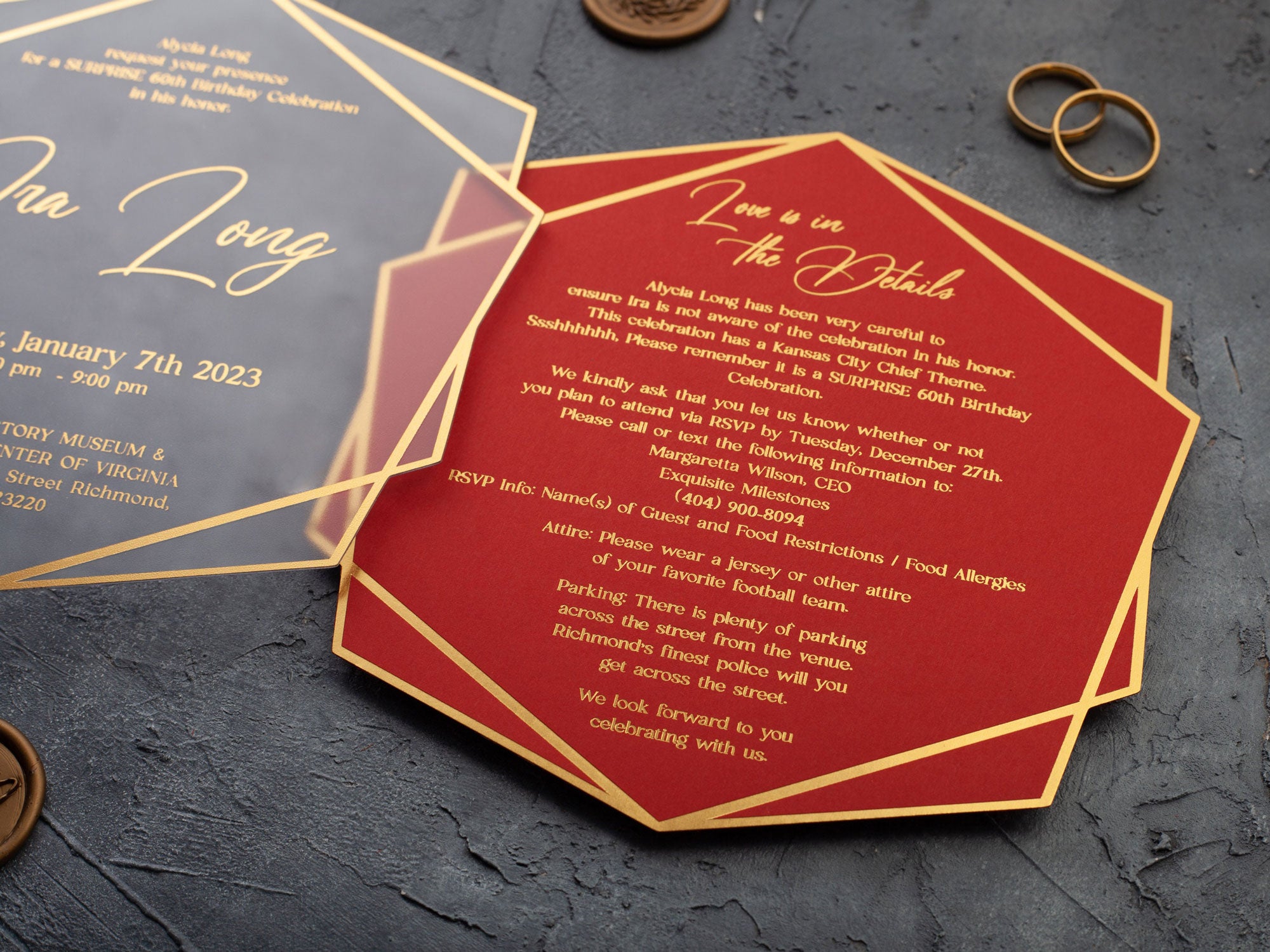 Red and Gold Acrylic Birthday Party Invitation