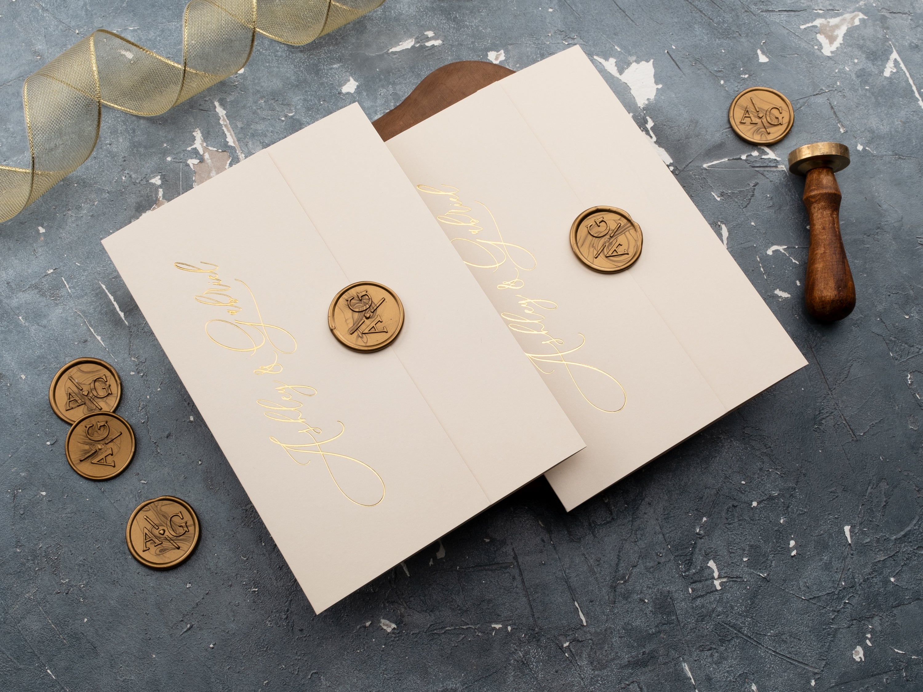 Elegant Ivoy and Gold Foil Gatefold Acrylic Wedding Invitation