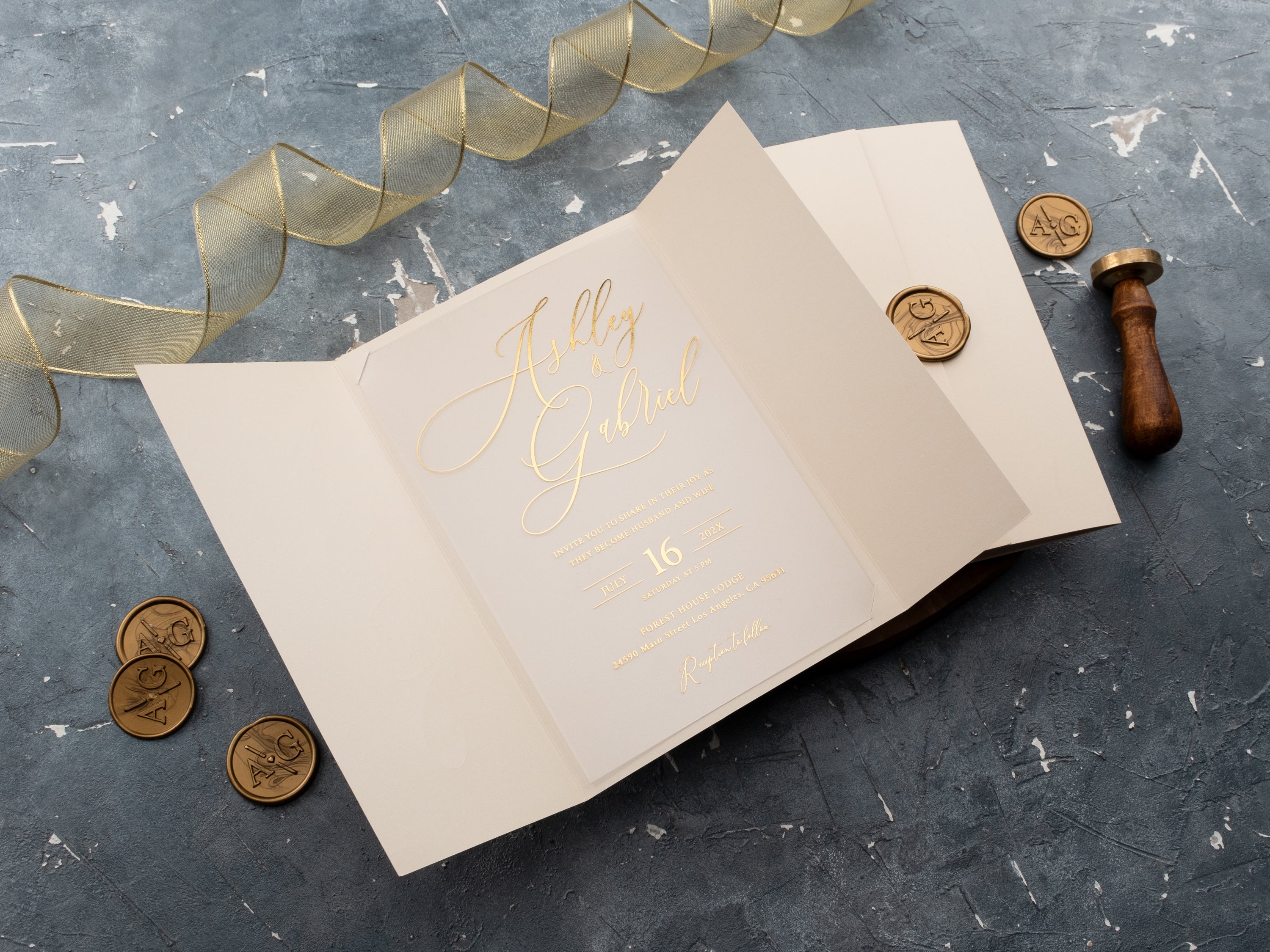 Elegant Ivoy and Gold Foil Gatefold Acrylic Wedding Invitation