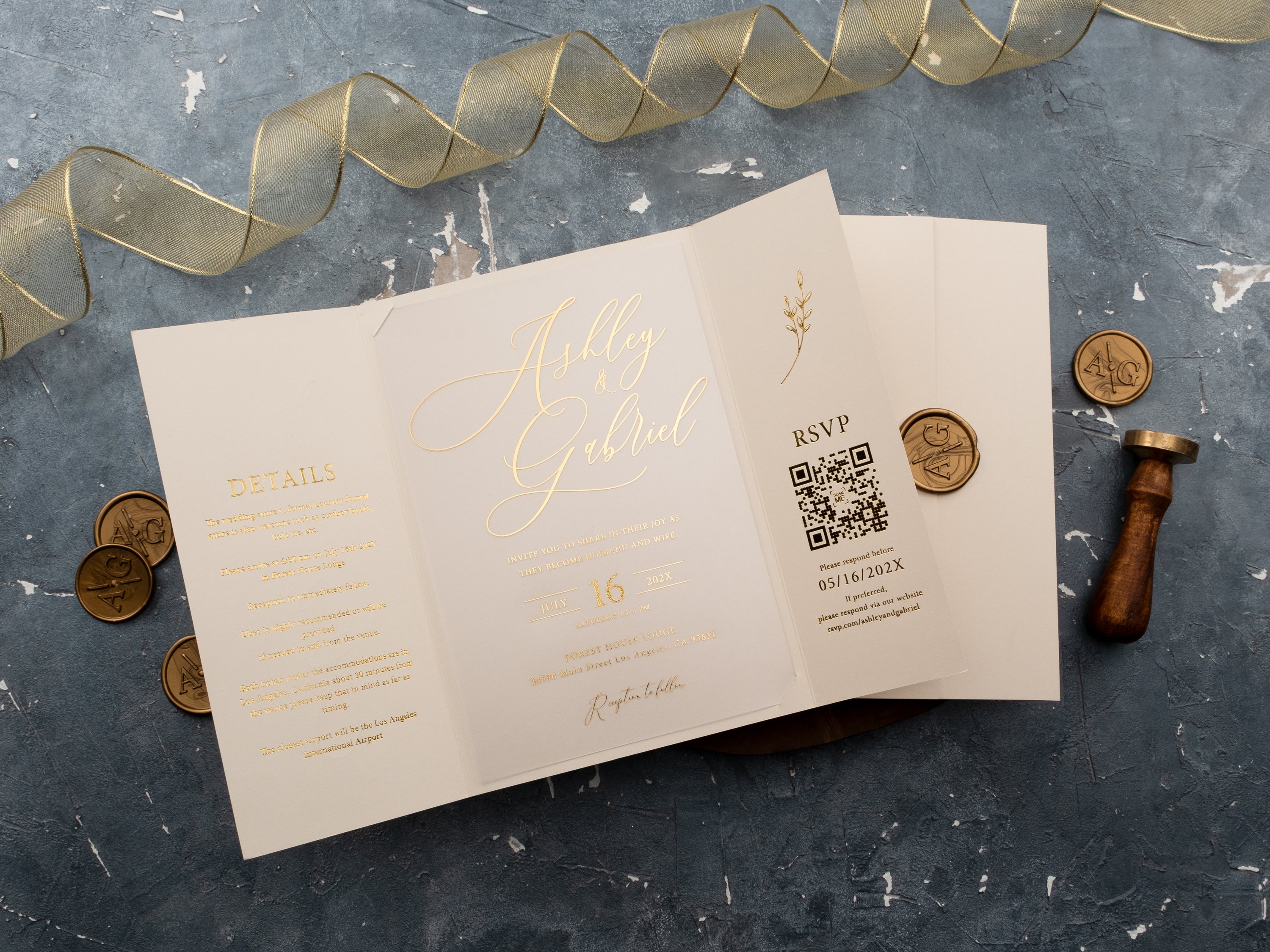 Elegant Ivoy and Gold Foil Gatefold Acrylic Wedding Invitation
