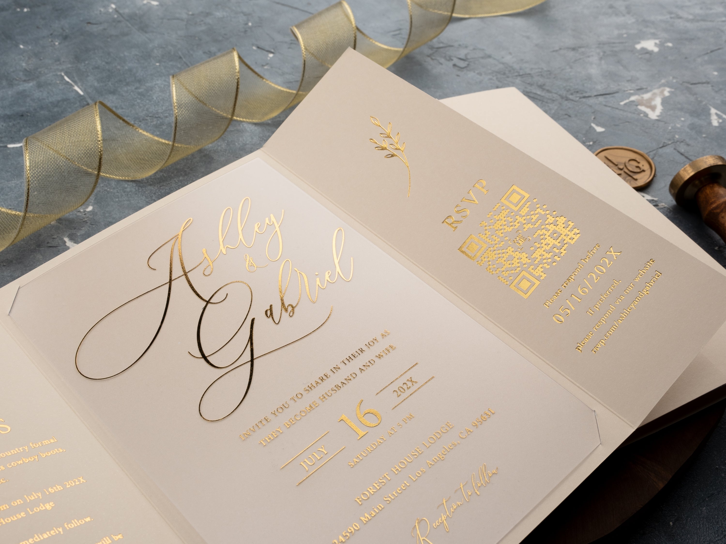 Elegant Ivoy and Gold Foil Gatefold Acrylic Wedding Invitation