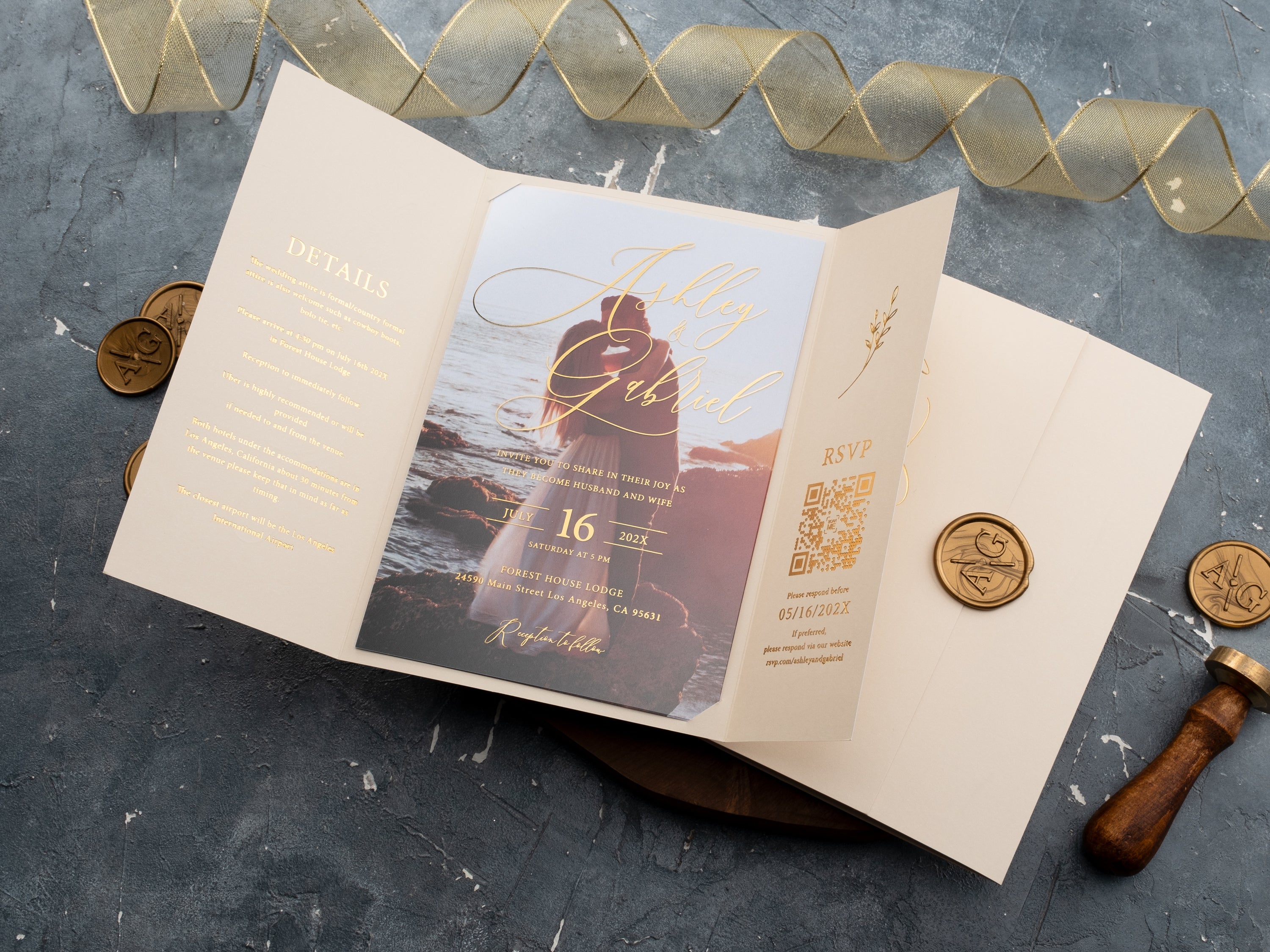 Elegant Ivoy and Gold Foil Gatefold Acrylic Wedding Invitation
