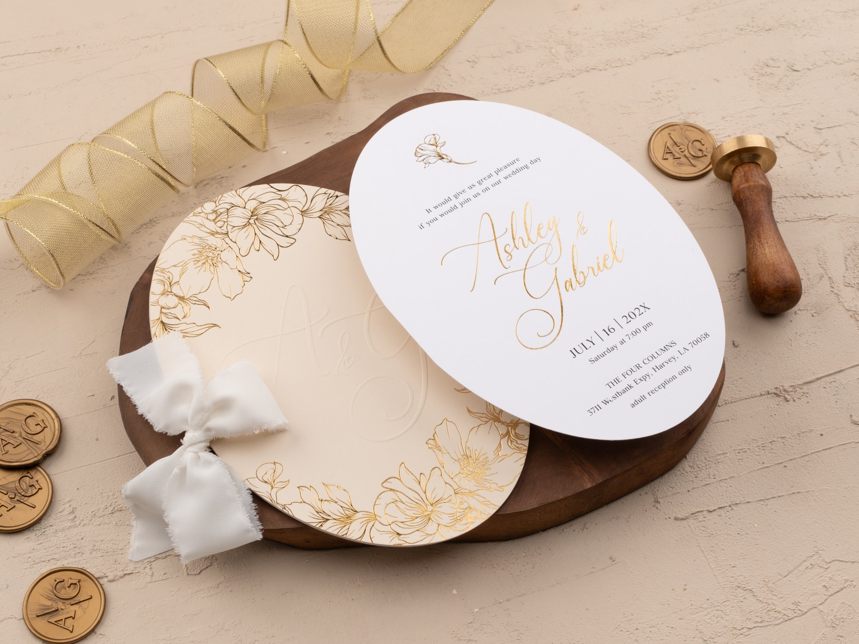 Elegant Ivory & Gold Wedding Invitation with Floral Foil Design