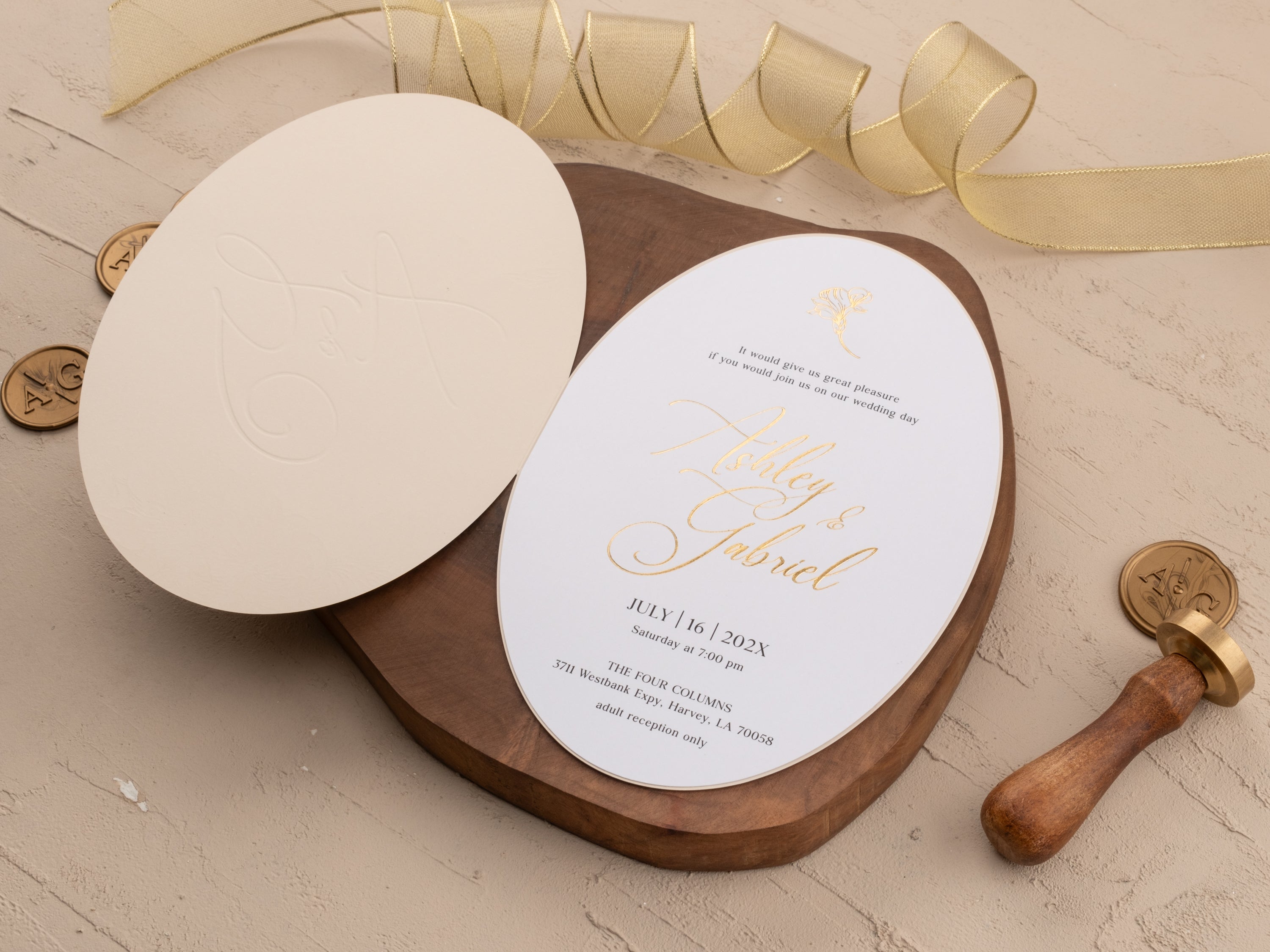 Elegant Ivory & Gold Wedding Invitation with Floral Foil Design