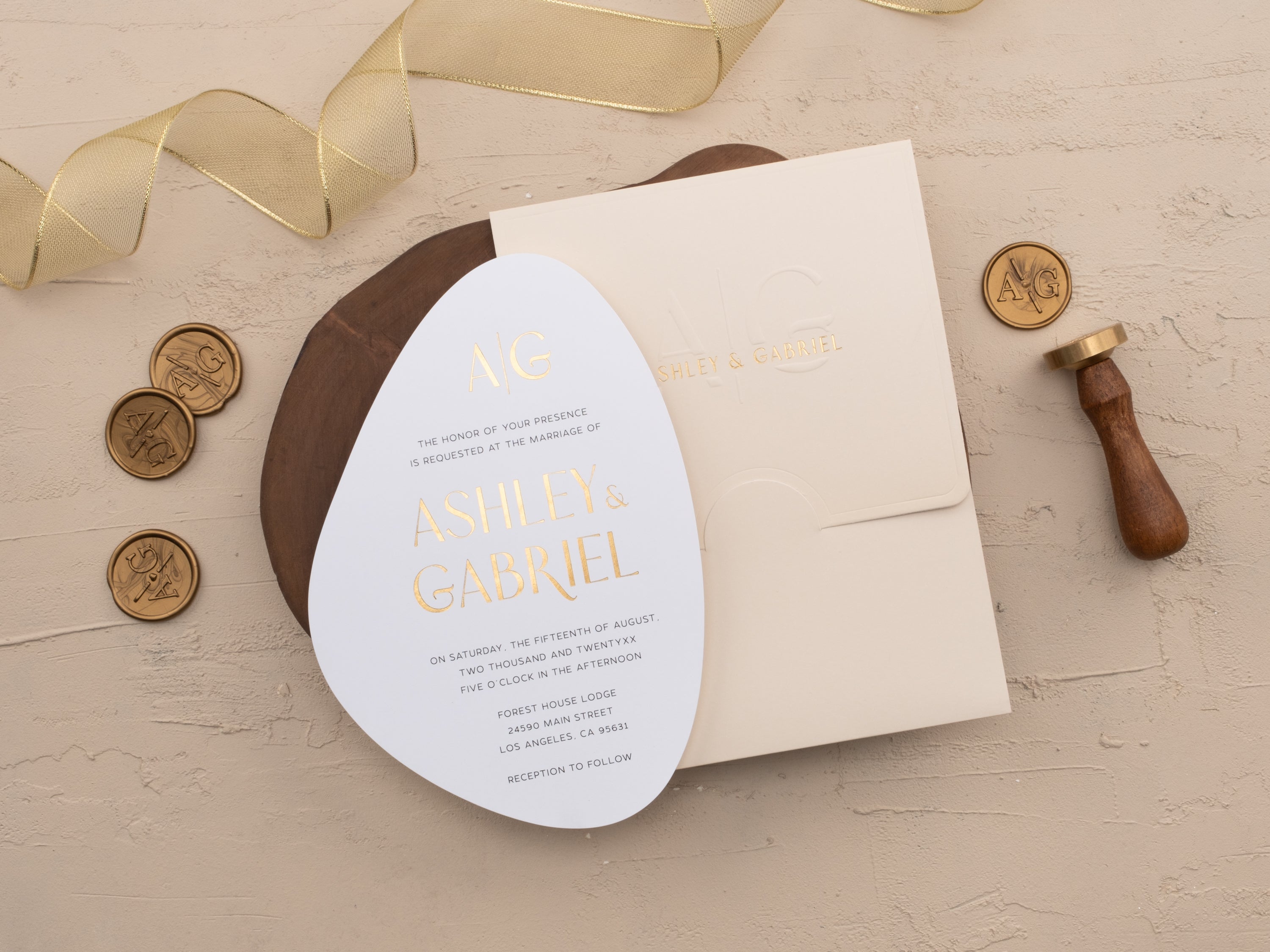 Ivory and Gold Modern Shape Wedding Invitation
