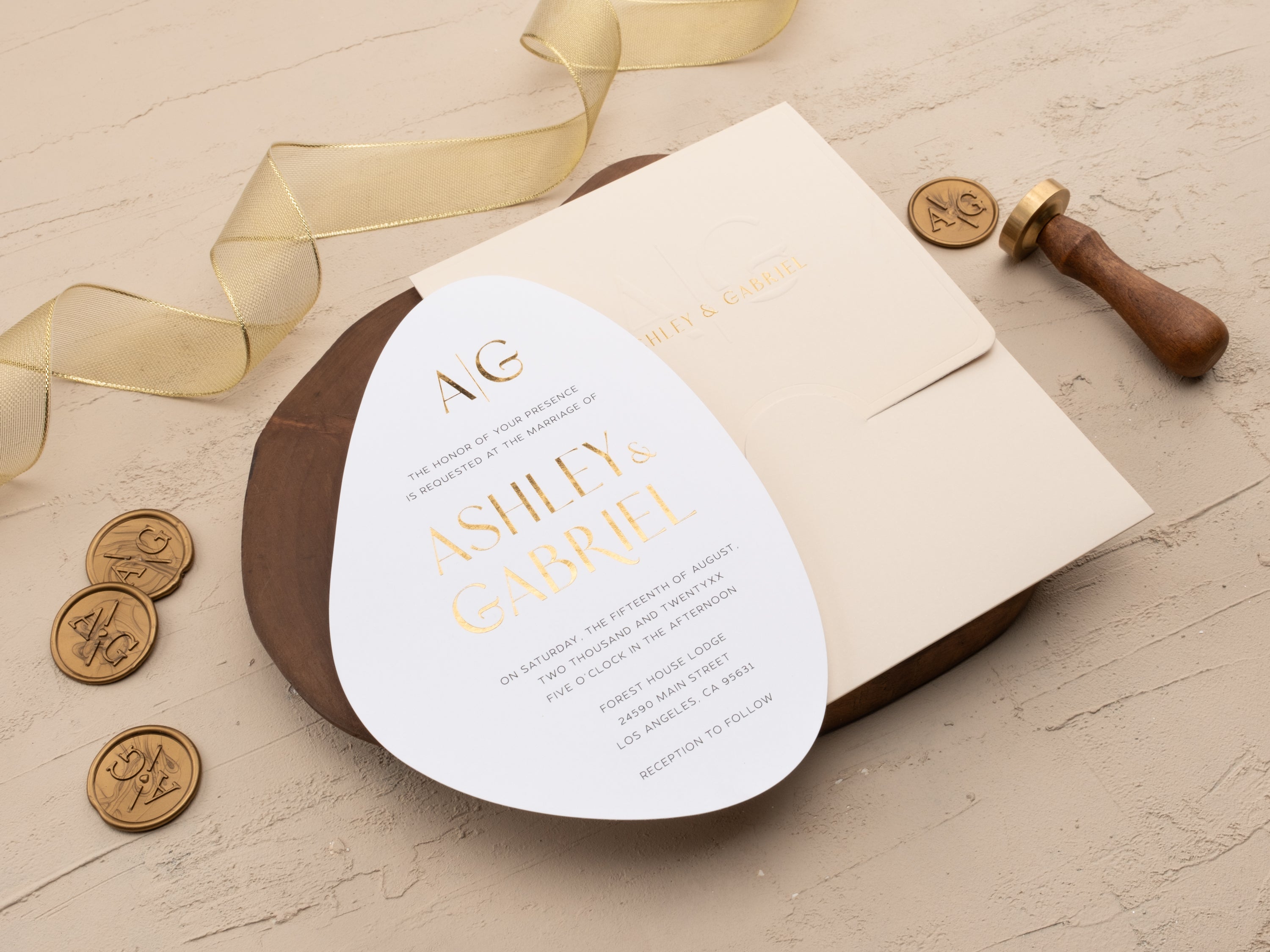 Ivory and Gold Modern Shape Wedding Invitation