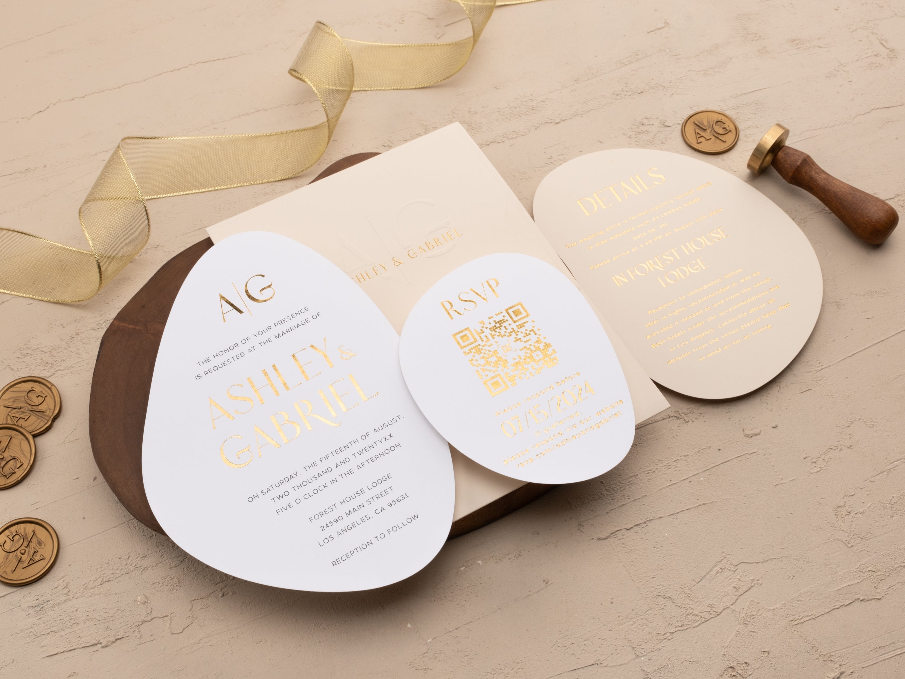 Ivory and Gold Modern Shape Wedding Invitation