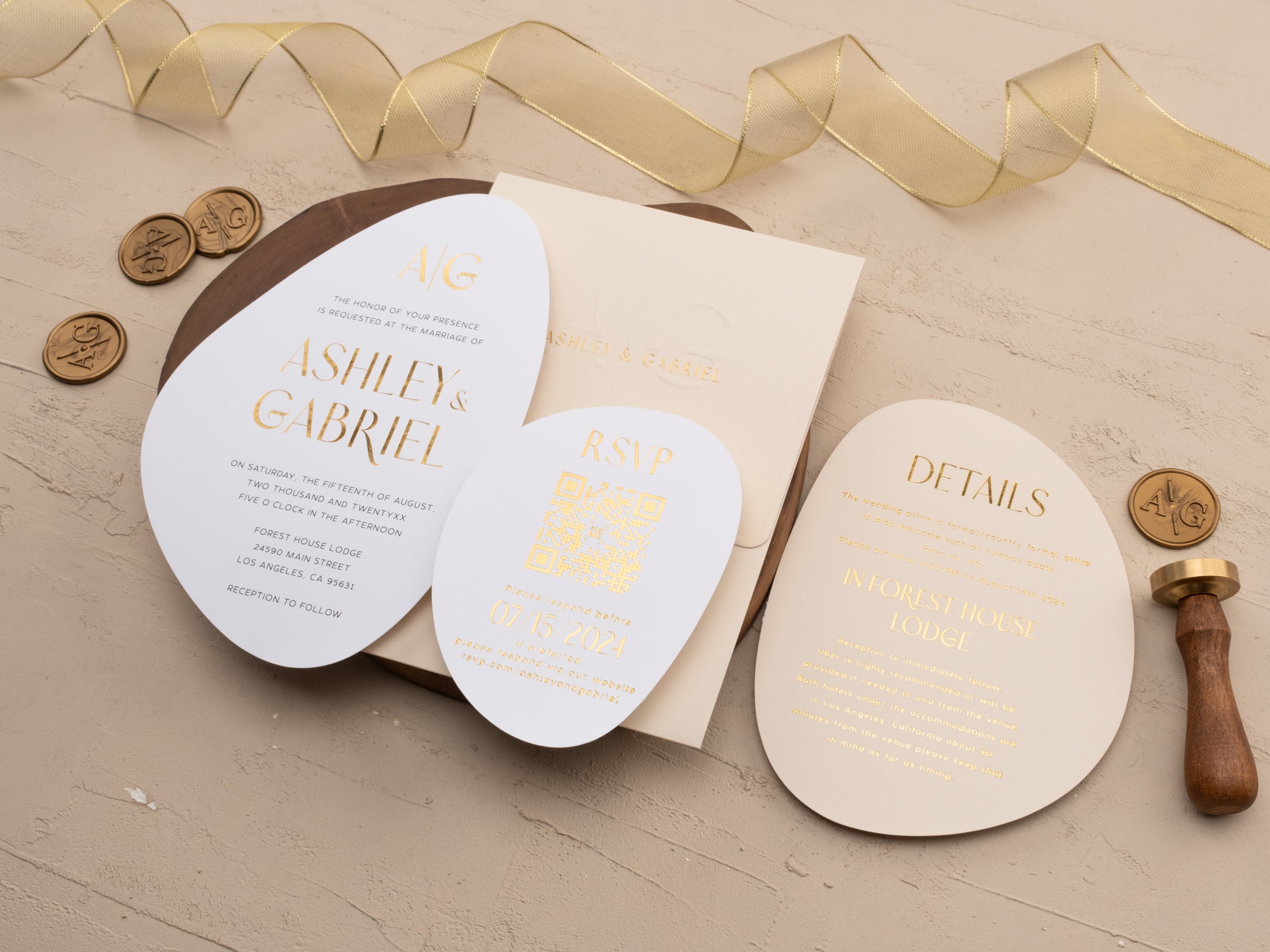 Ivory and Gold Modern Shape Wedding Invitation