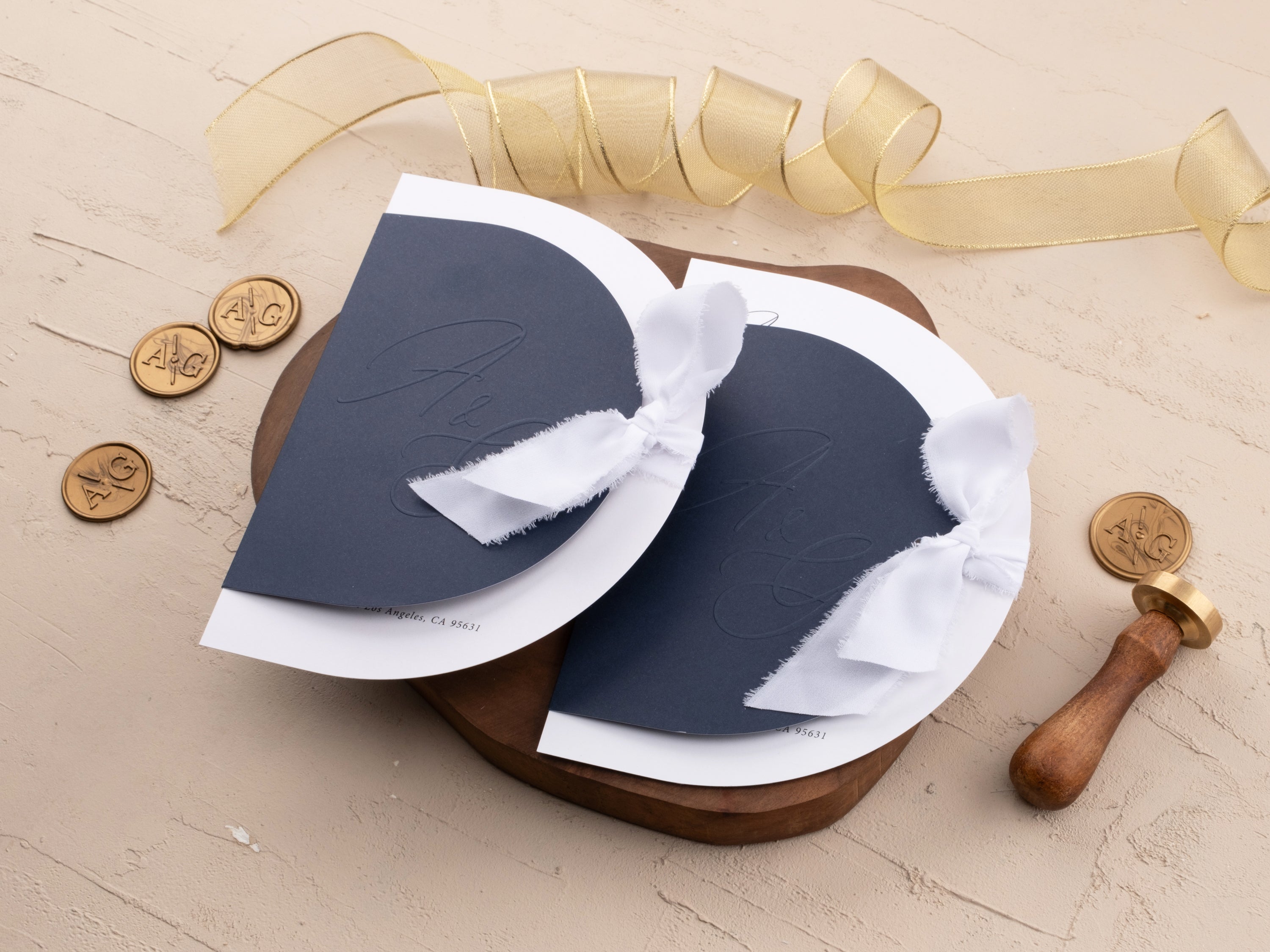 Rustic Gold Foil Printed Wedding Invite with Navy Blue Jacket