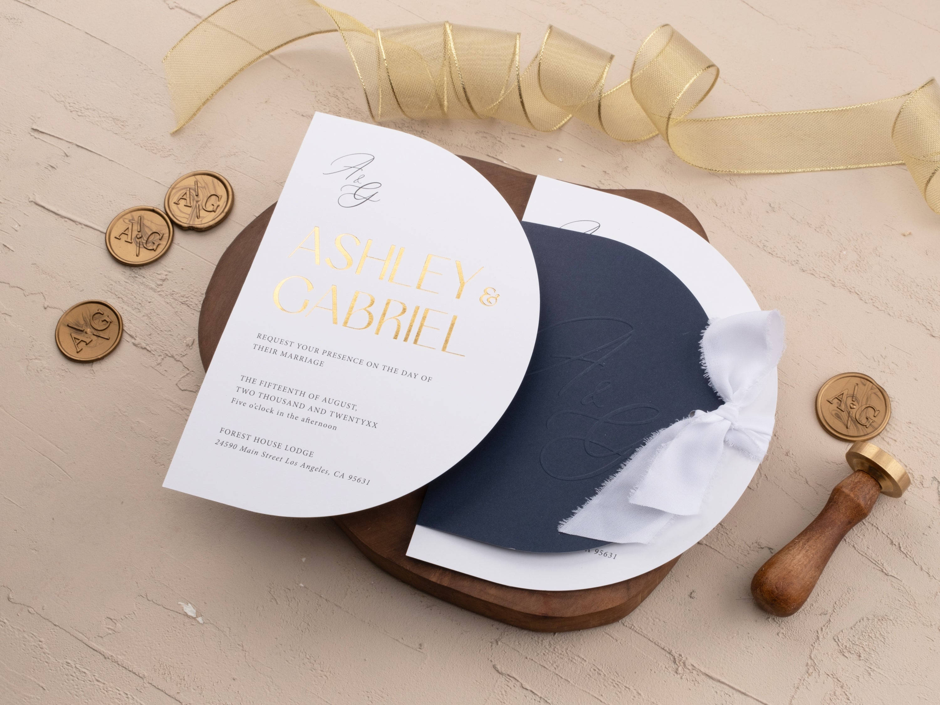 Rustic Gold Foil Printed Wedding Invite with Navy Blue Jacket