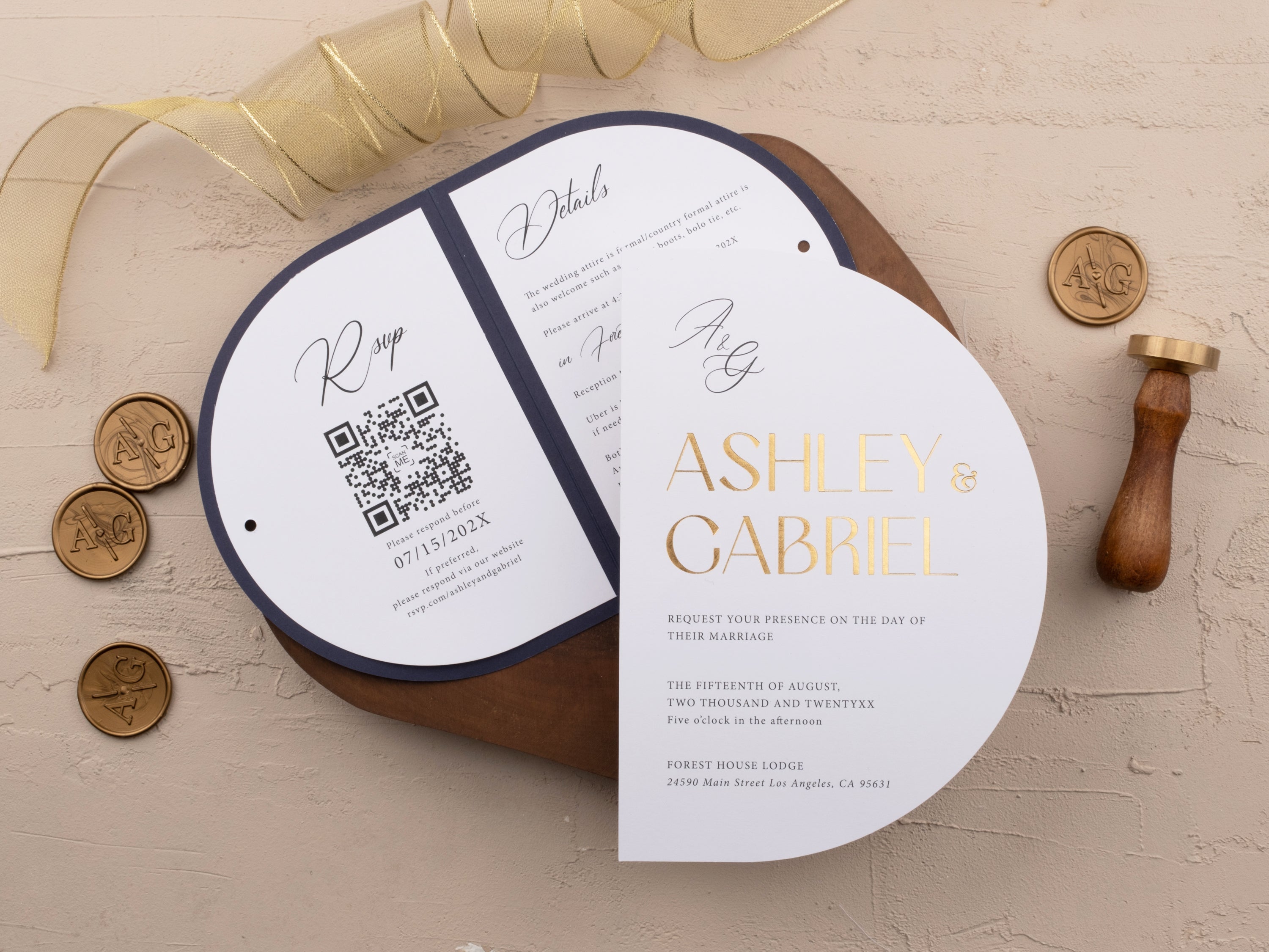 Rustic Gold Foil Printed Wedding Invite with Navy Blue Jacket